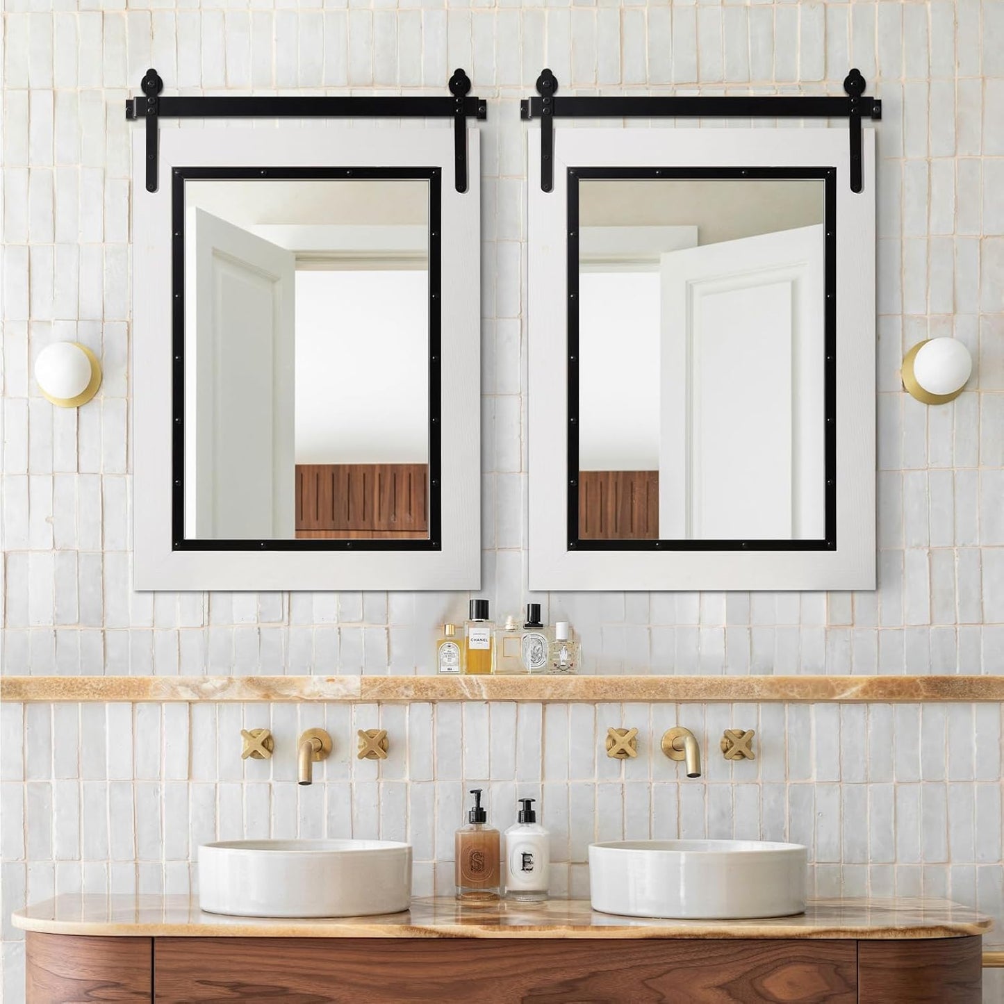 YOSHOOT Farmhouse Barn Door Mirror, 32"x24" Rustic Bathroom Mirror, Wood Frame Wall Mirror, Wooden Mirror for Living Room Bedroom Entryway Wall Décor, Vertical Hanging ONLY