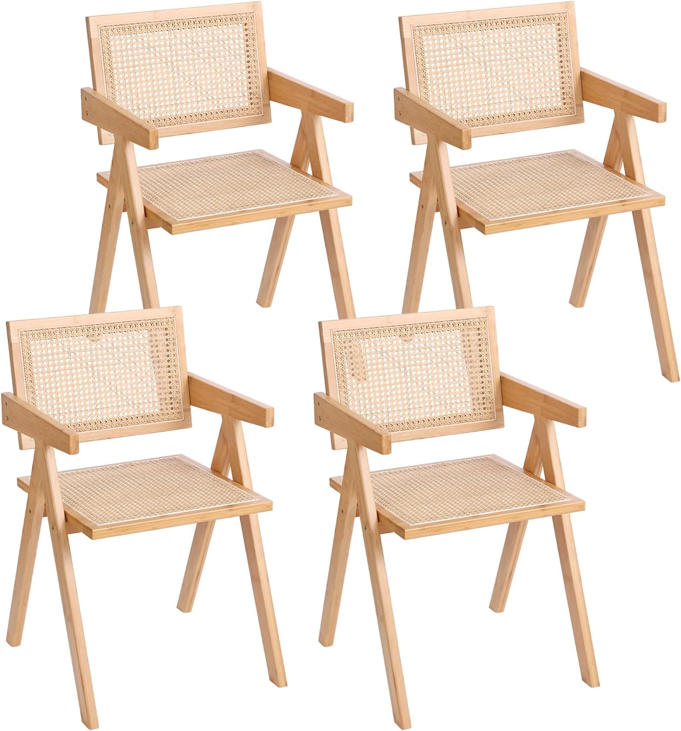 Rattan Dining Chairs Set of 4, Modern Mid Century Accent Chairs, Comfy Armchairs, Outdoor Rattan Chairs with Armrest for Bedroom Living Room Reading Room Dining Kitchen