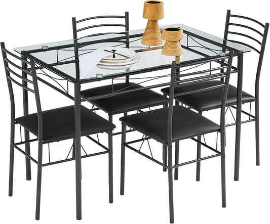 VECELO 5-Piece Kitchen Dining Table Set, Glasses Tabletop & Heavy-Duty Metel Frame, Rectangle Dinette with 4 Chairs for Small Space, Breakfast Nook, Glasses & Black