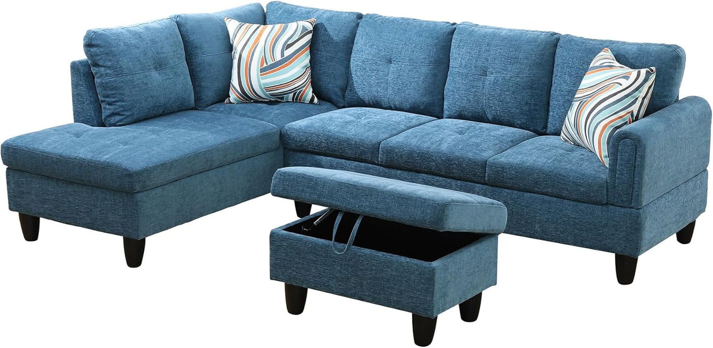 L Shaped Couch Modern Sectional Couch Upholstered Flannel Fabric 3 Pieces Sofas for Living Room with Chaise, Storage Ottoman for Office and Small Apartment, Blue