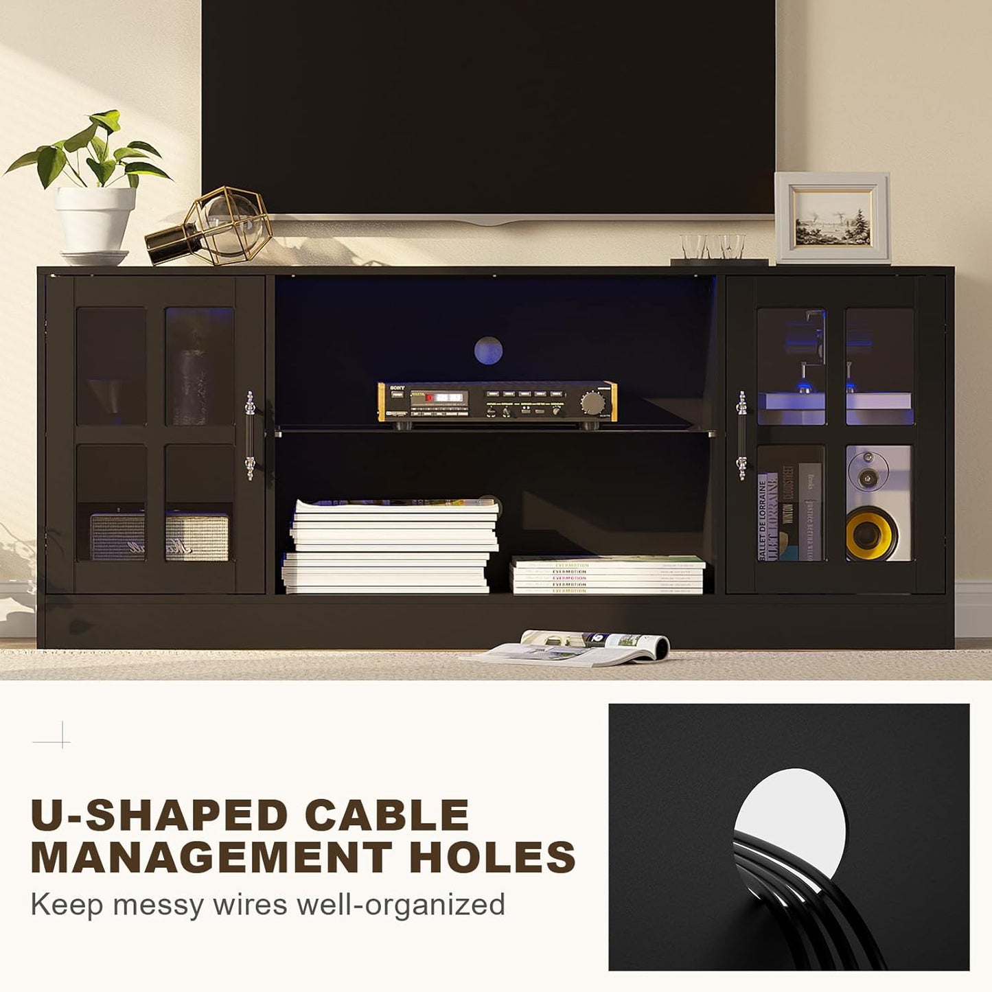 4-Piece Wall Unit TV Stand with Storage & LED Lights for TVs up to 75", Modern Entertainment Center with Bookshelves & 6-Door Pantry Cabinet, Black