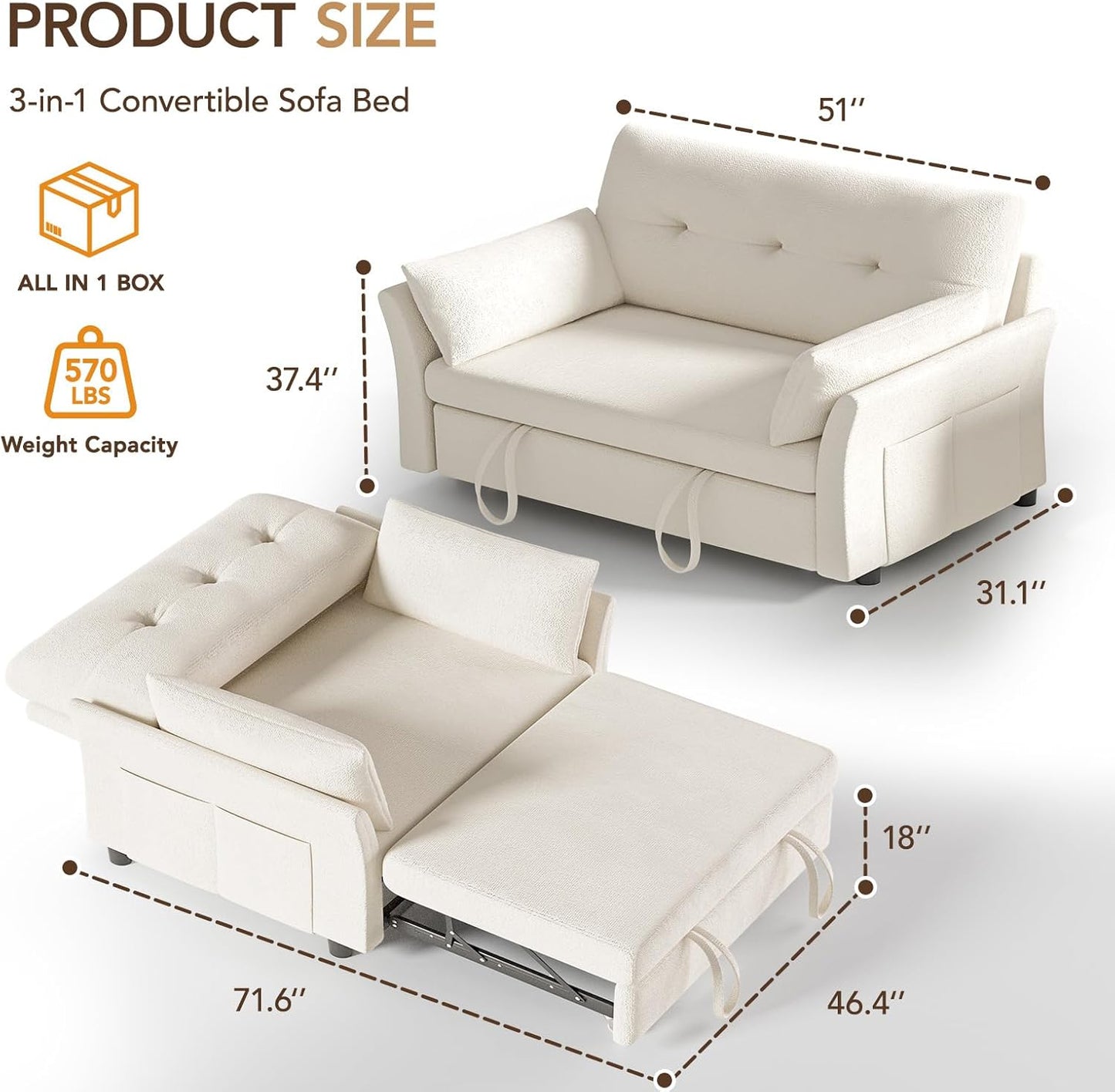 Vipbear 3-in-1 Chenille Convertible Sofa Bed, Pull Out Sleeper Sofa with Reclining Backrest & Side Pocket, Tool-Free Assembly, Folding Loveseat for Living Room, Apartment, White