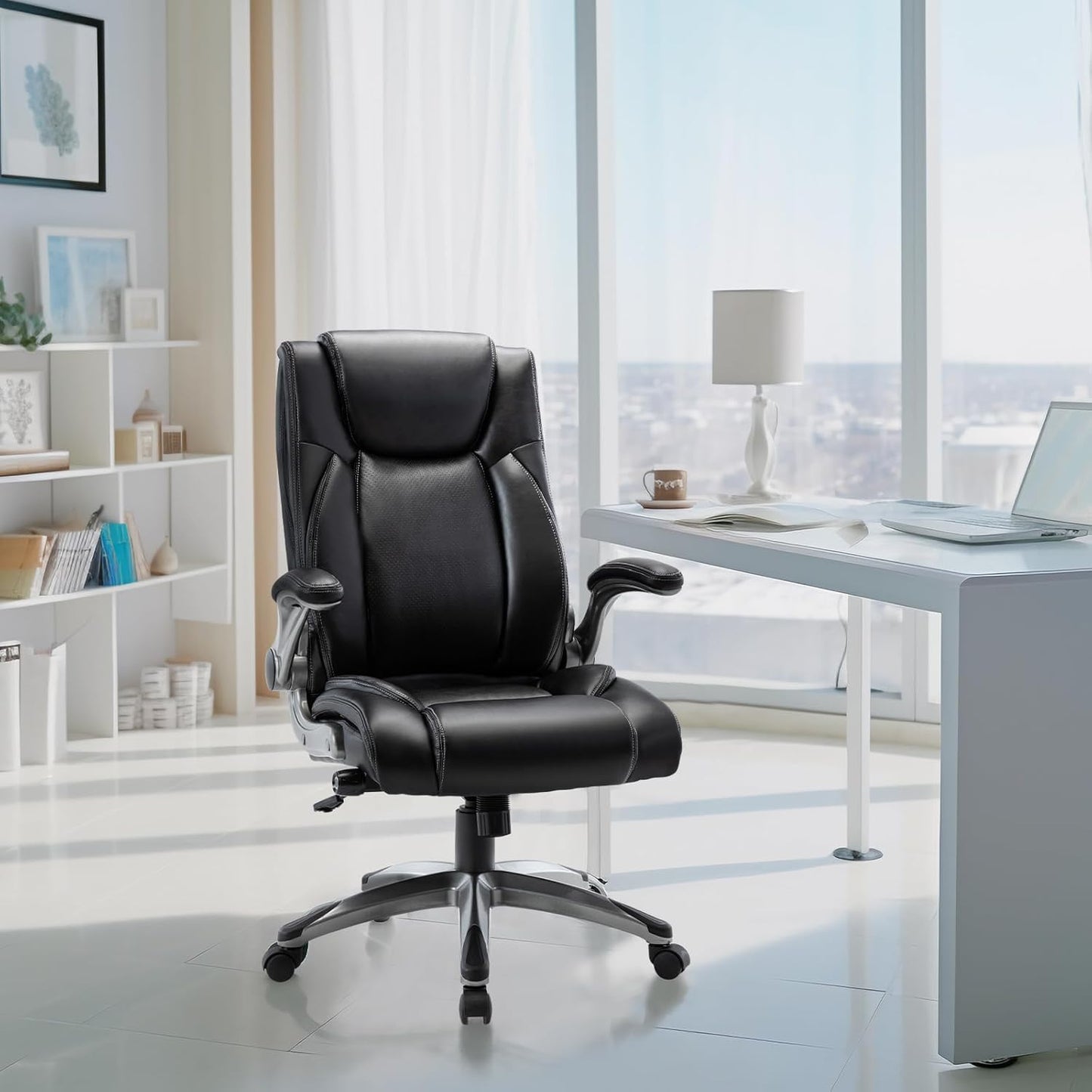 Executive Leather Office Chair, Ergonomic Office Chair with Adjustable Lumbar Support,High Back Computer Desk Chair, Flip-up Arms, Swivel Rolling Home Office Work Chair for Adults, Men, Women (Black)