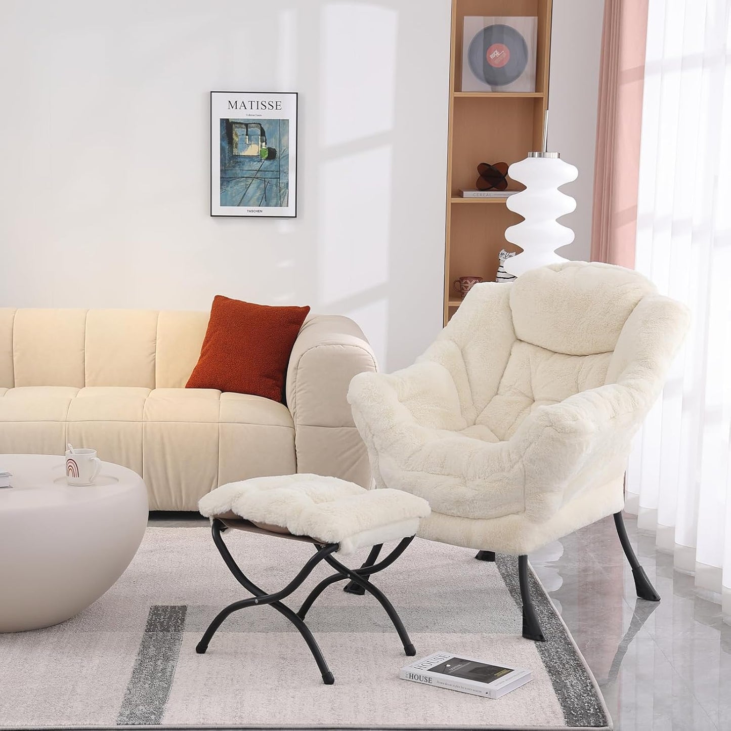 Lazy Chair with Folding Ottoman, Modern Accent Lounge Armchair with Armrests and a Side Pocket & Foldable Footstool, Leisure Reading Chair for Living Room, Bedroom, Dorm & Office, Plush Beige