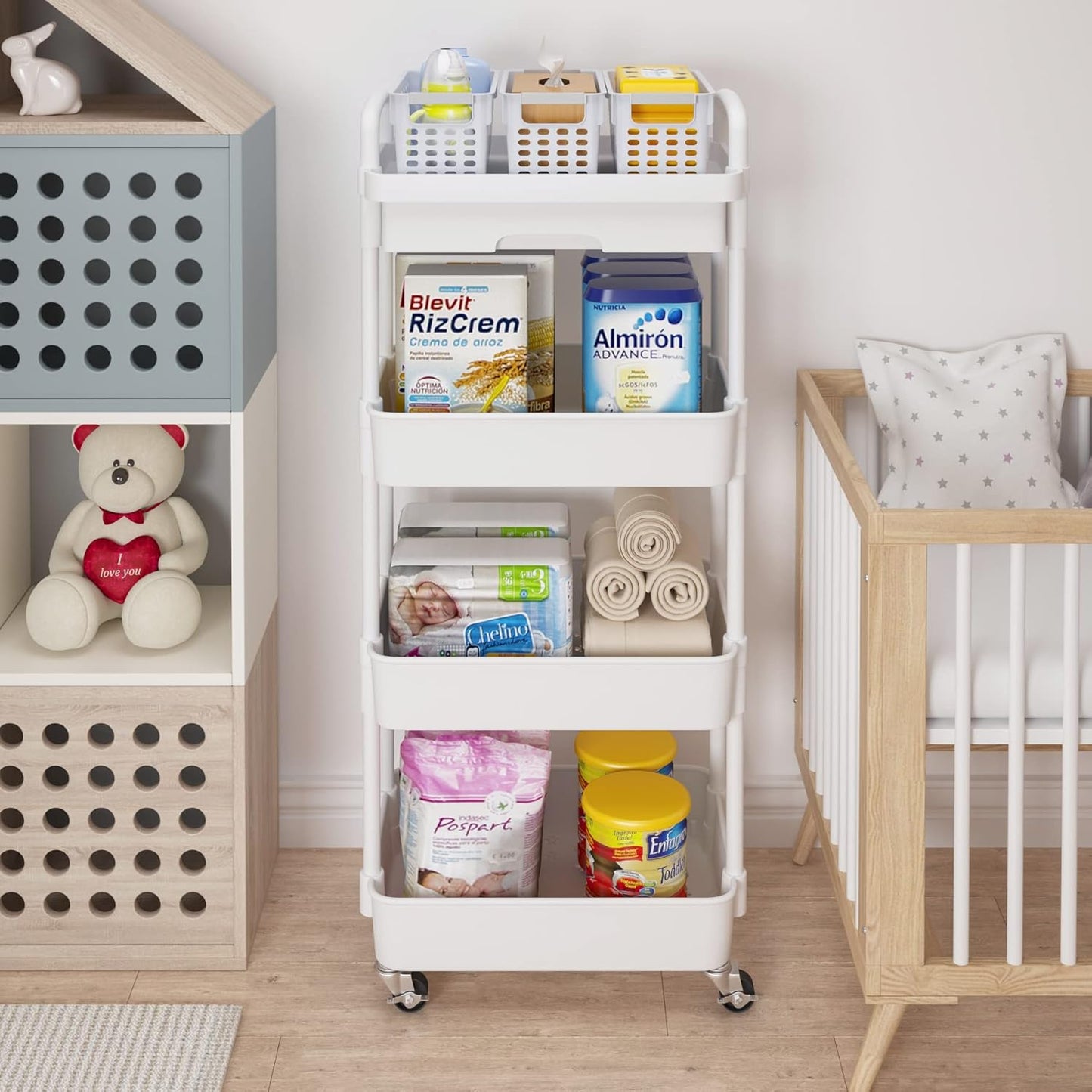 Calmootey 4-Tier Rolling Utility Cart with Drawer,Multifunctional Storage Organizer with Plastic Shelf & Metal Wheel,Storage Cart for Kitchen,Bathroom,Living Room,Office,White