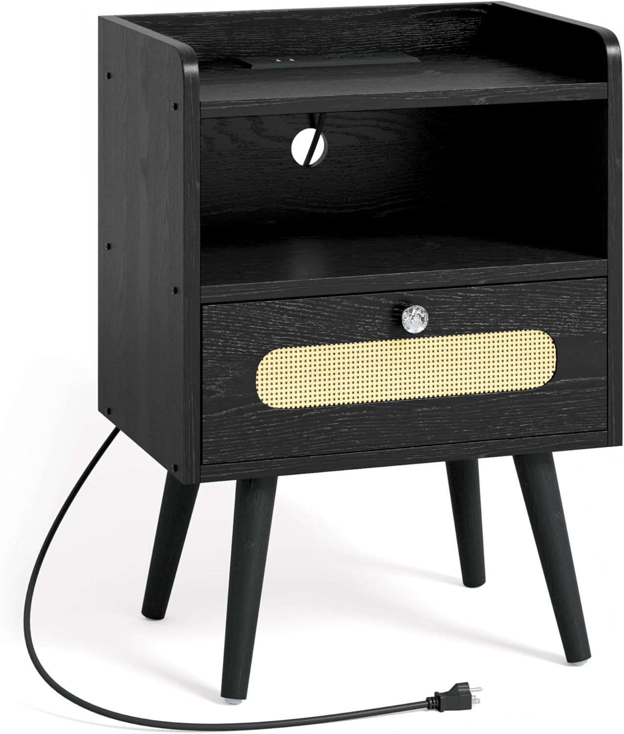 Diamond Décor End Table, Nightstand with Charging Station, Bedside Table with Solid Wood Legs, Black