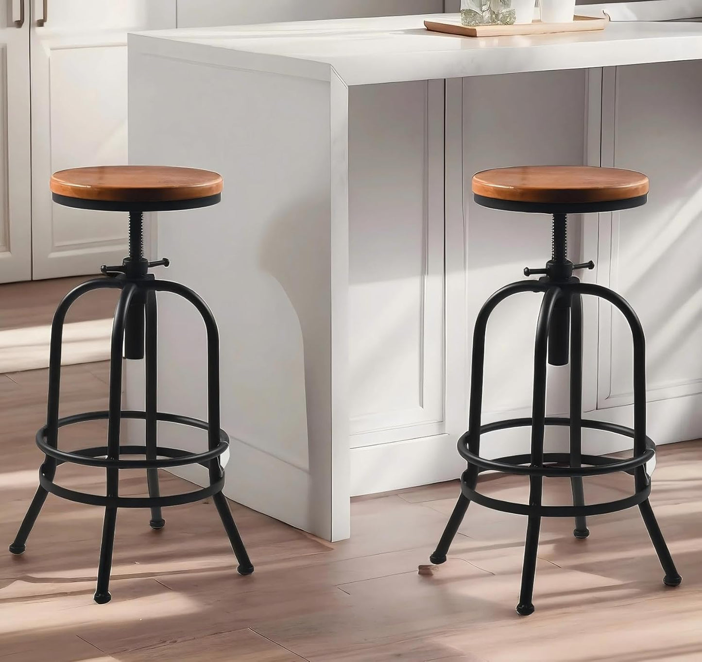 Diwhy Industrial Bar Stool-26-32 Inch Adjustable Swivel Metal Wood Seat Stool Bar Height Bar Stool with Footrest-for Kitchen, Dining Side Chair, Pub, Bistro, Set of 2, Black