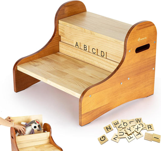 StrongTek Toddler Step Stool with 28 Alphabet Blocks – 2-Step Wooden Stool with Storage, Non-Slip, DIY Name & Drawing on Block Backs for Kids, Ideal for Bathroom, Kitchen & Bedside