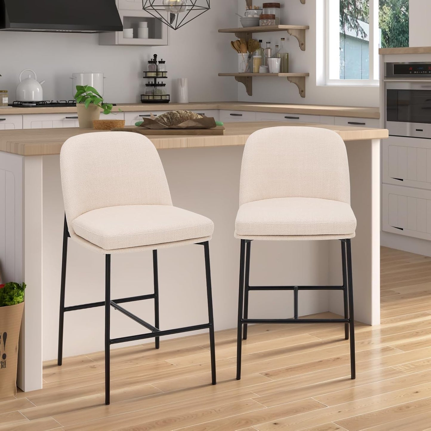 COLAMY Counter Height Bar Stools Set of 2, 25 Inch Modern Fabric Kitchen Island Stools with Back, Upholstered Counter Barstools Armless Bar Chairs with Metal Legs for Island Dining Room Bar, Beige