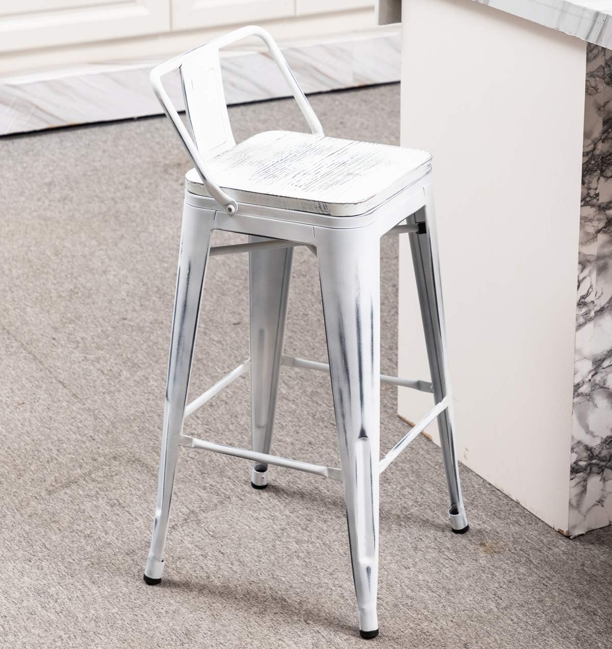 Yongchuang 26" Industrial Metal Barstools Set of 4 Counter Height Bar Stools with Back (Wood Top Low Back, Distressed White)