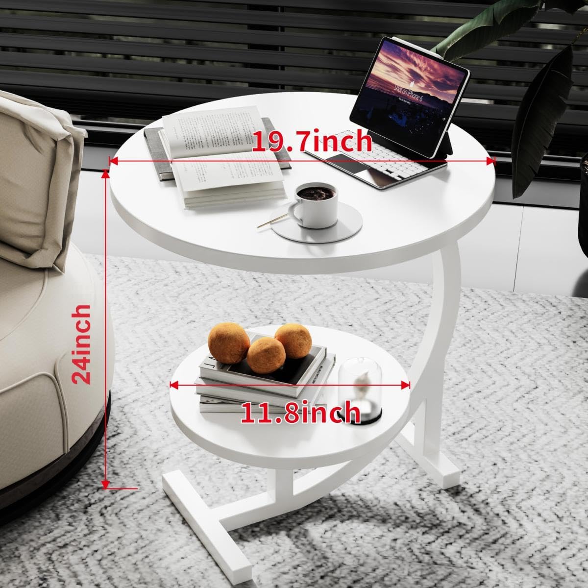 C-Shaped End Table,2 Tiers Round Side Table,Sofa Small Side Table for Living Room, Bedroom,Bedside Small Space,White