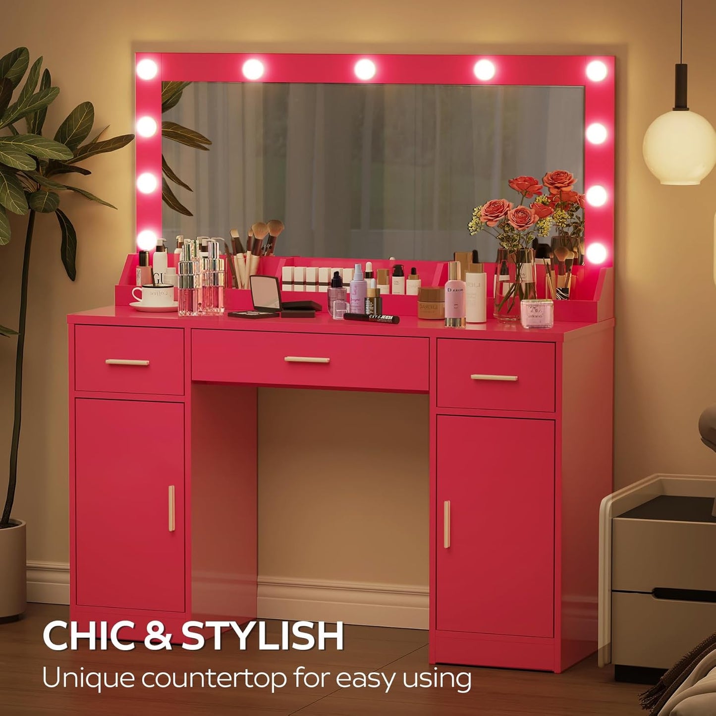 47.5” Vanity Desk with Large Mirror, 3 Colour Lighting Modes, Adjustable Brightness, Dresser with 3 Drawers & 2 Vertical Cabinets, Makeup Vanity Table for Women Girls