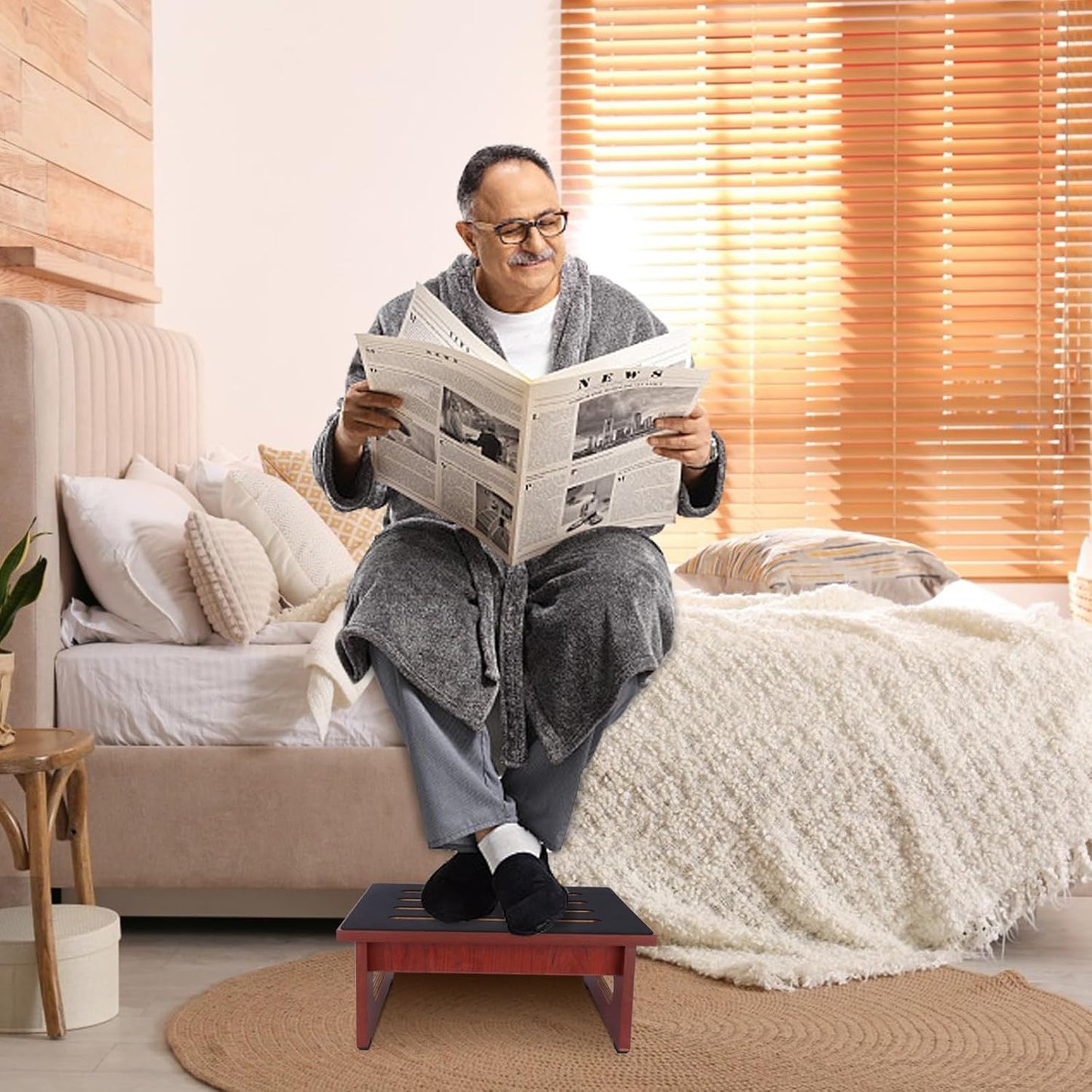 One Step Stool for Adults Seniors with Non-Slip Rubber Step Surface, 6.9" Heavy Duty Wood Stepping Stool with 450 LB Capacity Bed Steps for High Beds, Bathroom, Bedroom, Kitchen & Kids Bedside Support