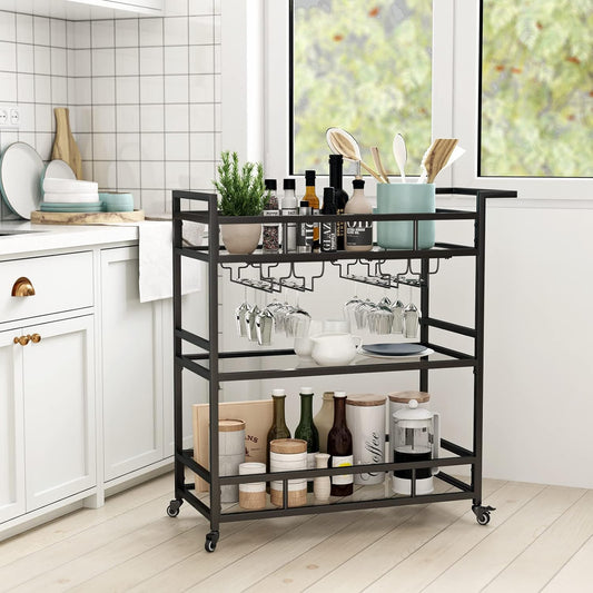 Black Metal Bar Carts with 3 Tier Glass Shelves, Rolling Serving Bar Cart with Wine Rack and Glass Holder, Industrial Bar Carts & Wine Carts on Wheels for Kitchen, Indoor & Outdoor