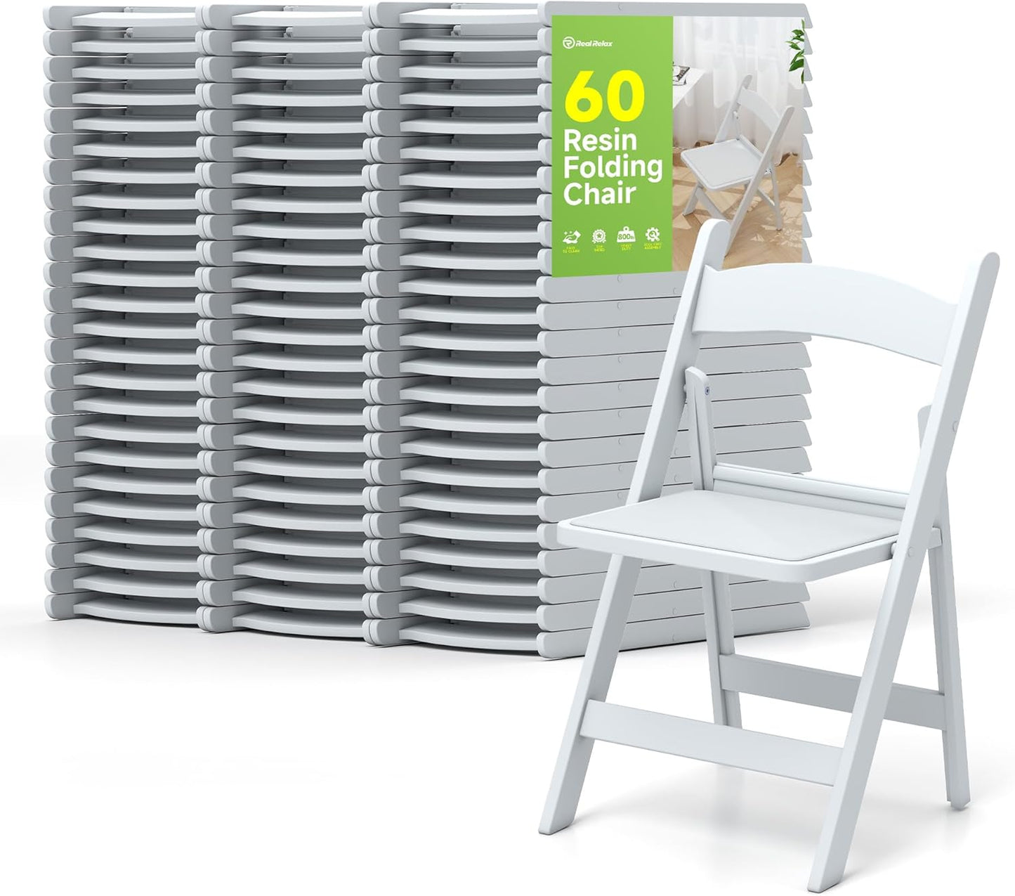Real Relax White Resin Folding Chairs with Cushion - Comfortable Foldable Plastic Chair - Stackable Chairs with Padded Seats - Indoor/Outdoor Chairs for Events, 600lbs Capacity(60 Pack)