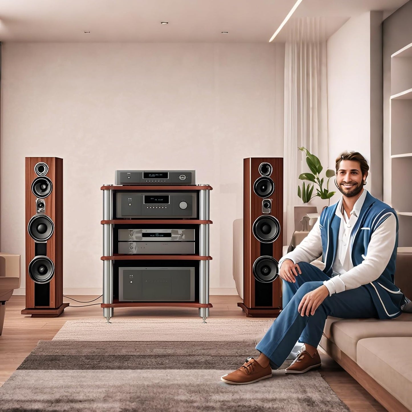 4-Tier AV Media Stand, Stereo Racks and Stands, Video Component Cabinet Audio Rack Tower for DVD Player Game Console TV Box WiFi Routert (Dark Wood, 4-Tier)