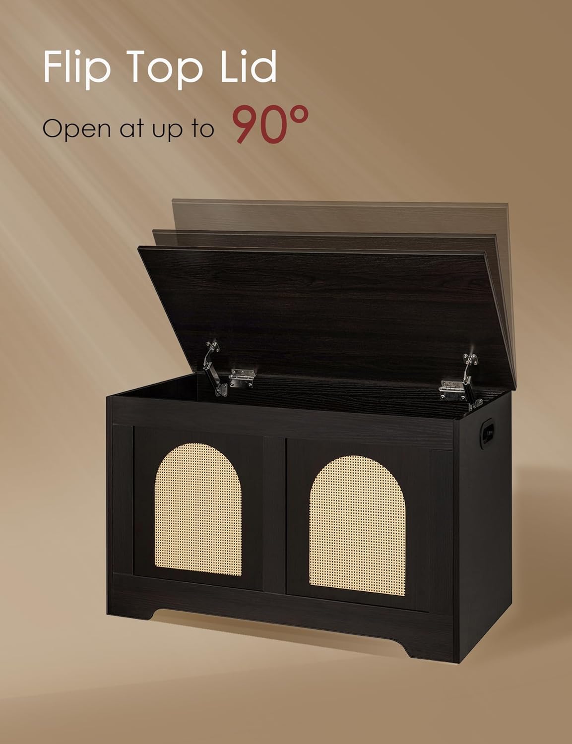 DINZI LVJ Storage Chest, 31.5" Rattan-Like Toy Box with 2 Safety Hinges, Wooden Entryway Storage Bench with Flip-Top, Storage Trunk for Living Room, Bedroom, Easy Assembly, Espresso and Natural