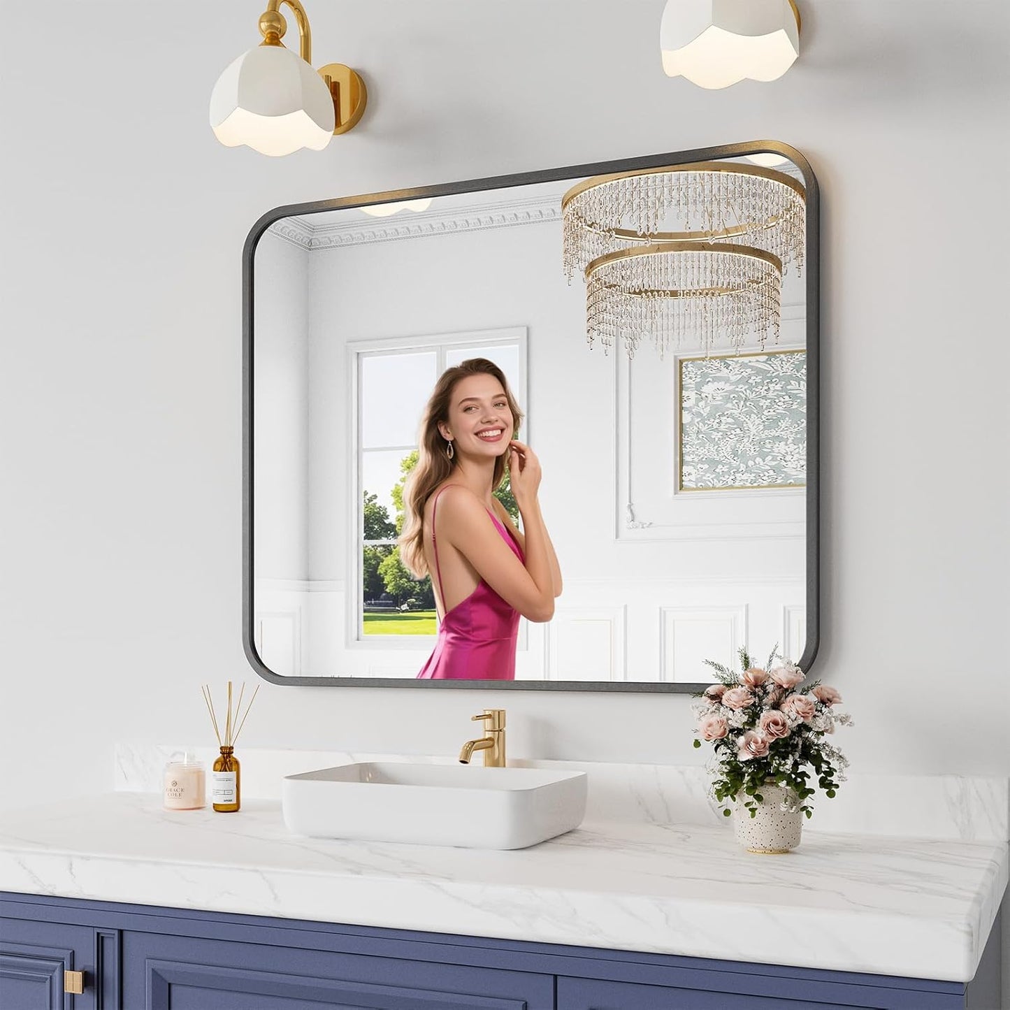 Koonmi Bathroom Mirror, 30X36 Inch Black Metal Framed Mirror for Bathroom, Tempered Glass, Anti-Rust, Rounded Rectangle Mirror for Restroom, Bedroom, Black