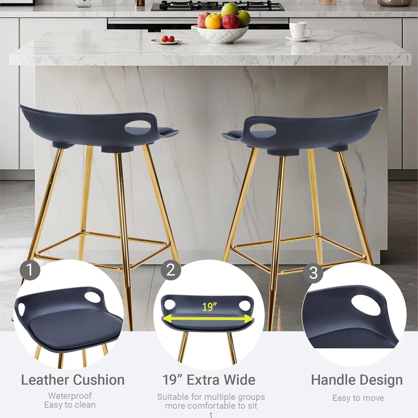 Sidanli Black Bar Stools, Barstool Set of 2, Counter Height Chairs with Gold Metal Legs, Island Chairs with Leather Cushion Seats & Footrests, 26” Bar Stools for Kitchen Island, Home Bar