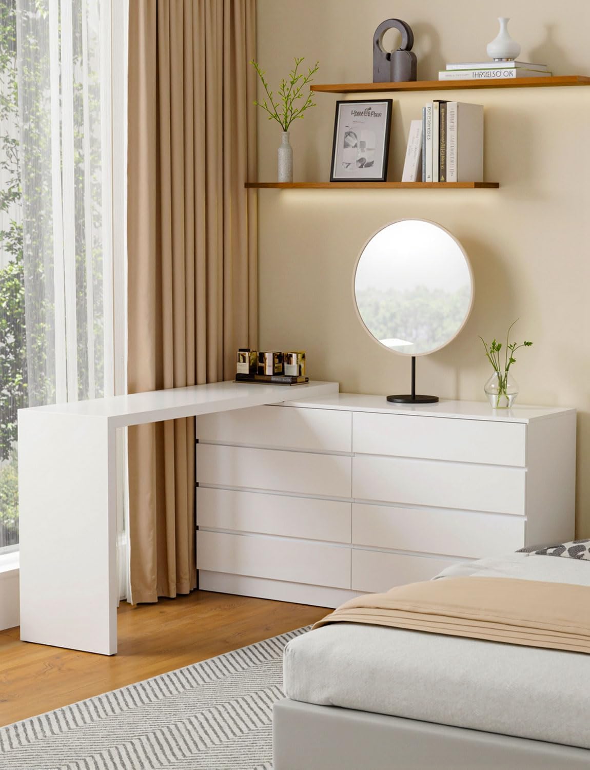 8 Drawer Vanity Dresser Combo with Extendable Table & L-Shaped Desk, White MDF Large Dresser for Bedroom, Adjustable Makeup Dressing Table with Wide Storage, Desk and Vanity Combo for Small Spaces