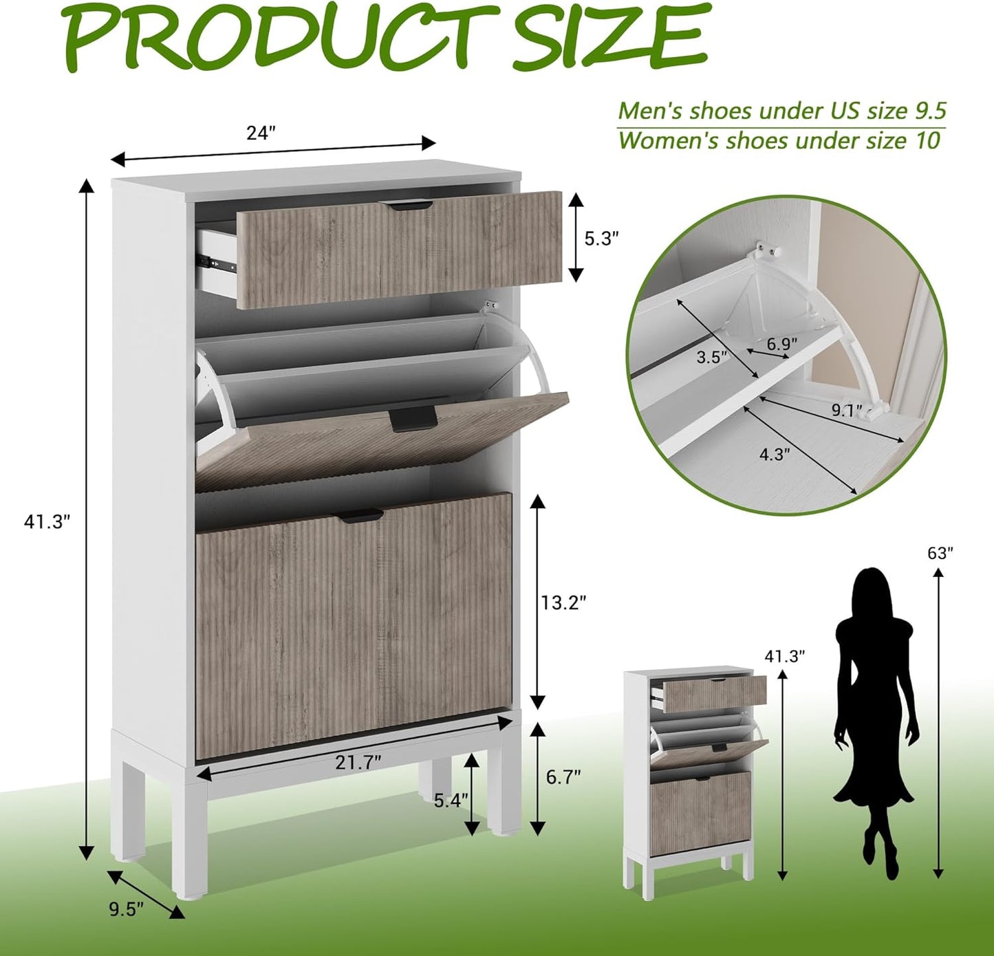 GarveeHome Shoe Storage Cabinet with 2 Flip Drawers, Farmhouse Fluted Shoe Organizer with Metal Legs, Freestanding Hidden Slim Narrow Shoe Rack for Entryway, Foyer, Hallway