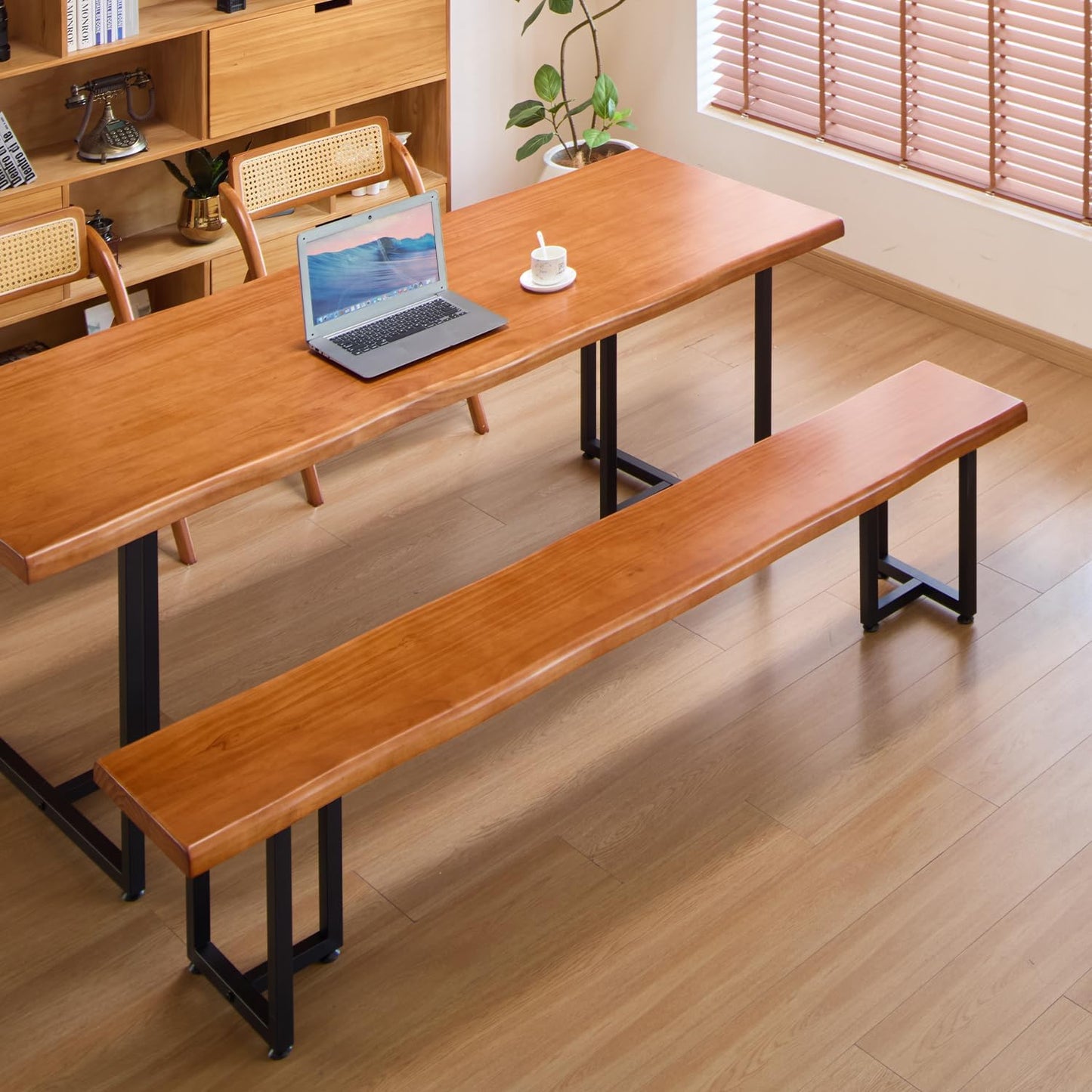 Durable Solid Wood Top Bench with Metal Triangular Legs – Stylish Long Dining Bench for Home, Office, Restaurant & Patio (Wooden Brown Bench, 70.87in)