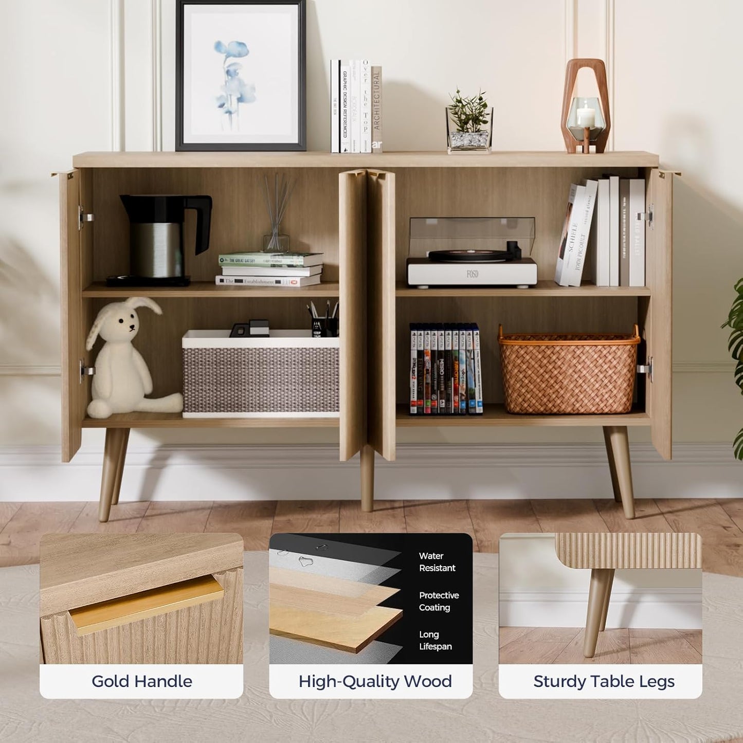 47.2" Buffet Cabinet with 4 Doors, Accent Sideboard Cabinet with Adjustable Shelf, Dining Room Sideboard with Waveform Panel, Credenzas for Living Room, Hallway, Natual Oak