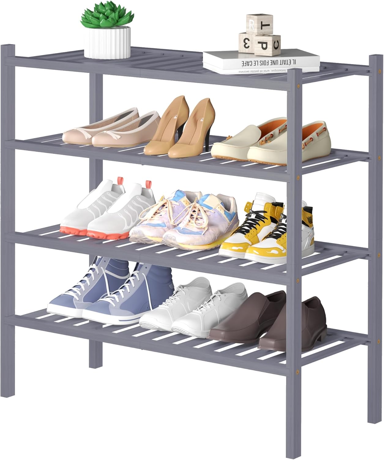 4 Tier Bamboo Shoe Rack for Closet Free Standing Wood Shoe Shelf for Entryway Small Space Stackable 27"x11"x26" (Grey)