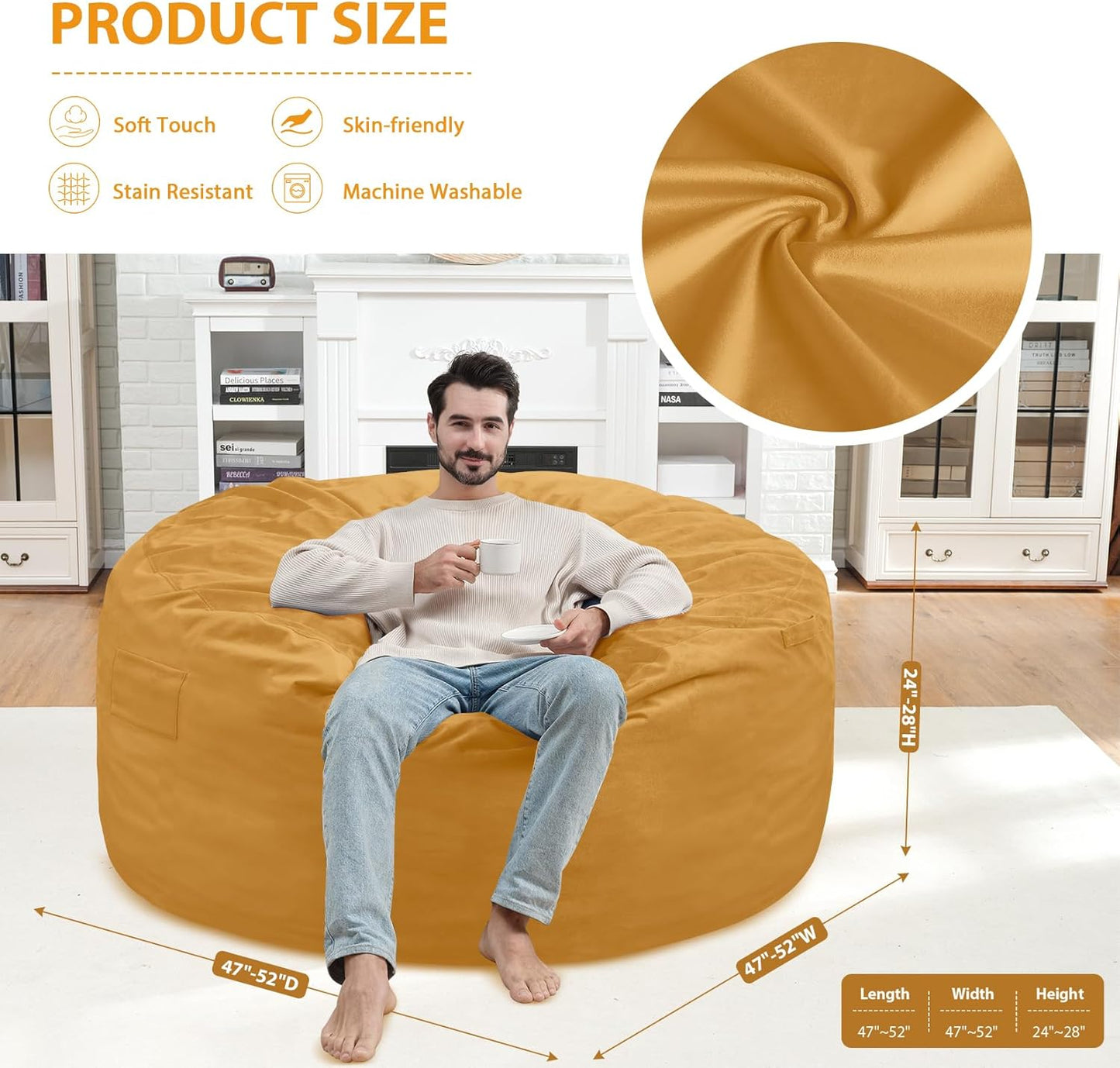 5FT Bean Bag Chair, Large Bean Bag Chairs with Memory Foam Filled, Fluffy Beanbag Sofa with Dutch Velvet Cover, Round BeanBag Chairs for Living Room, Playroom - Mustard