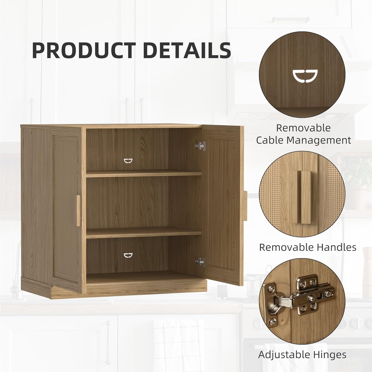 Buffet Cabinet, 4-Doors Sideboard Cabinet with Rattan Panels, Buffet Console Accent Table for Hallway Entryway Dining Room, 62", Oak