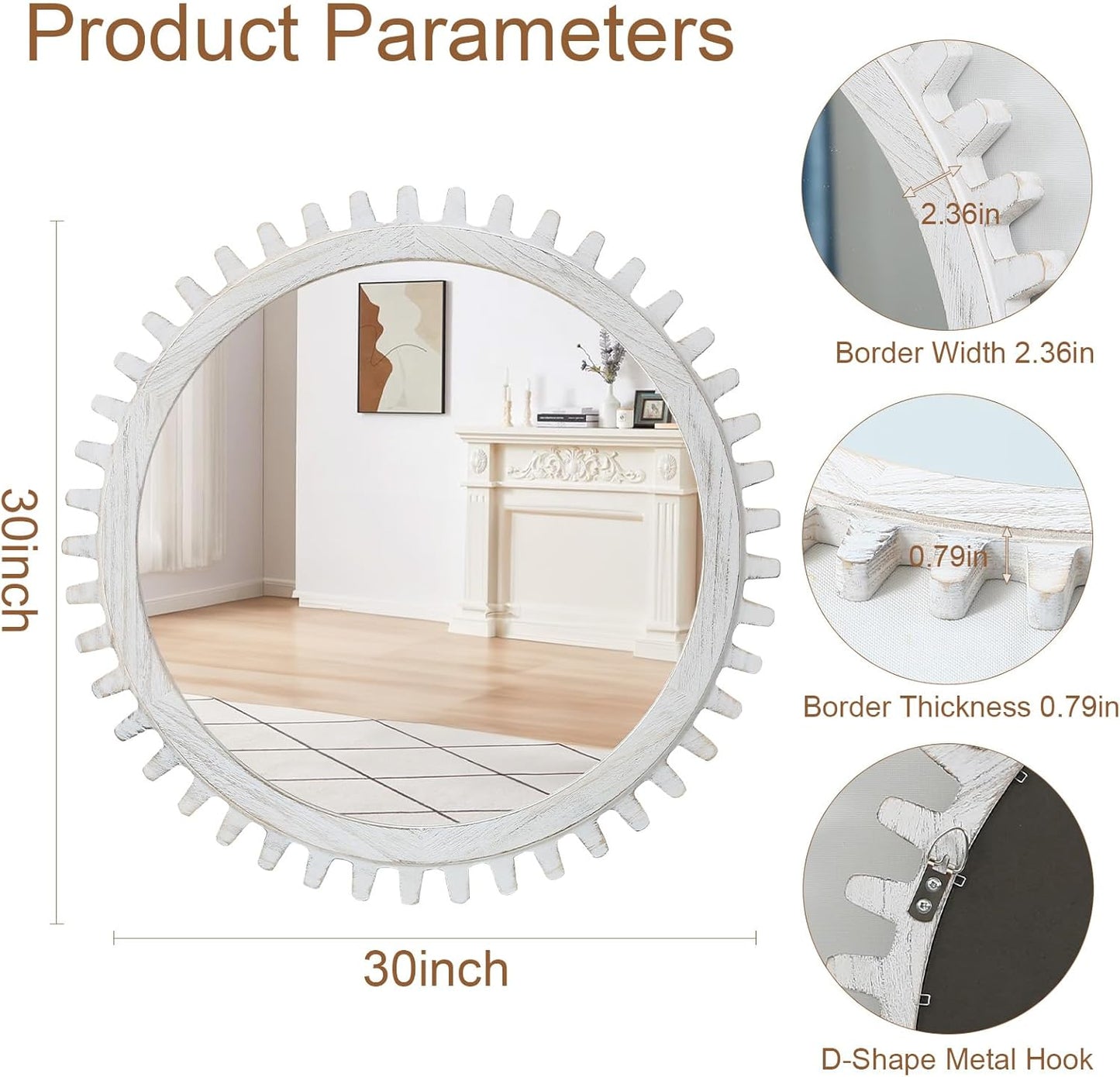 ULIKE Round Wood Mirror, 30 Inch Rustic Farmhouse Circle Mirror with Wooden Frame, Mordern Wall Decor for Bathroom Nursery Bedroom Living Room Entryway, White