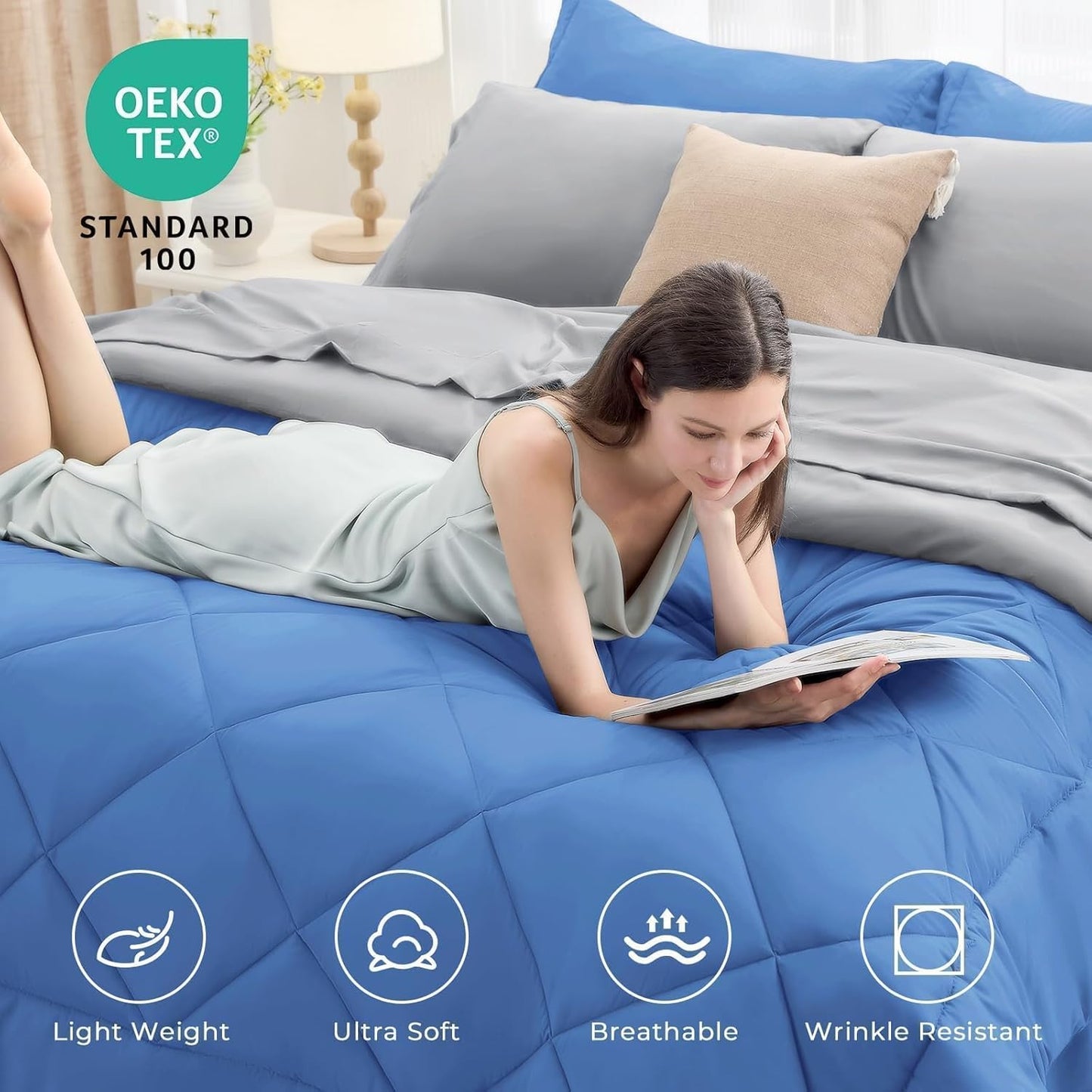 HEVUMYI Royal Blue & Light Grey Cali-King Comforter Set - 7-Piece All Season Bed in a Bag Cali-King, Ultra Soft Bedding Set with Comforter, Flat Sheet, Fitted Sheet, Pillowcases, Pillow Shams, Blue