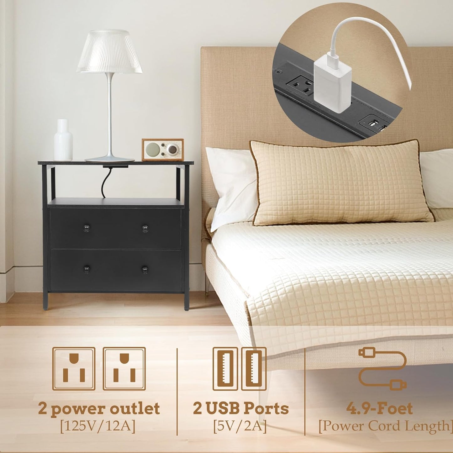 27 inch Wide Nightstand with Charging Station, Bedside Table with Open Shelf, 2 Drawers Small Wood Dresser, End Side Table for Bedroom (Black)