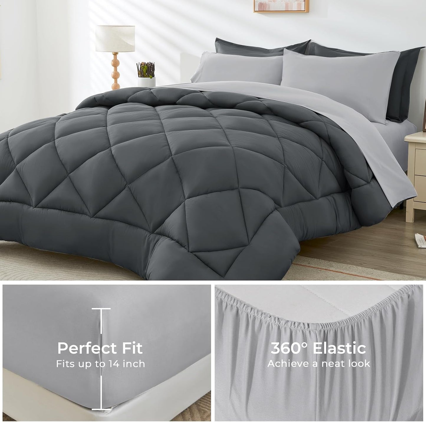 HEVUMYI King Comforter Set - 7-Piece All Season Bed in a Bag King, Ultra Soft Bedding Set with Comforter, Flat Sheet, Fitted Sheet, Pillowcases, Pillow Shams, Dark Grey & Light Grey