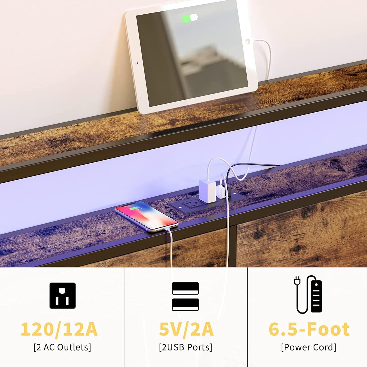 Queen Bed Frame with Storage Headboard and 4 Drawers LED Lights Metal Platform Non-Slip Without Noise Mattress Foundation Strong Metal Slats Support No Box Spring Needed