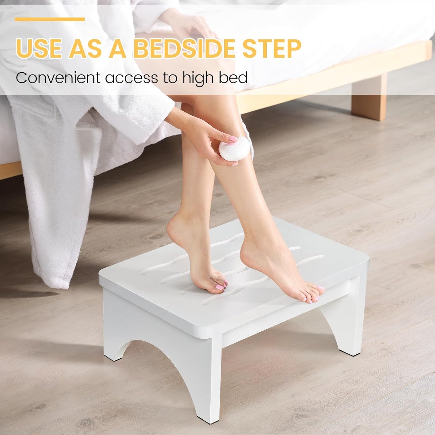 Wooden Step Stool for Adults, One Step Stool with Non-Slip Rubber, 6.9”x 15.7"" Bed Step Stool for High Beds, White Safety Foot Stool for Elderly, Kid