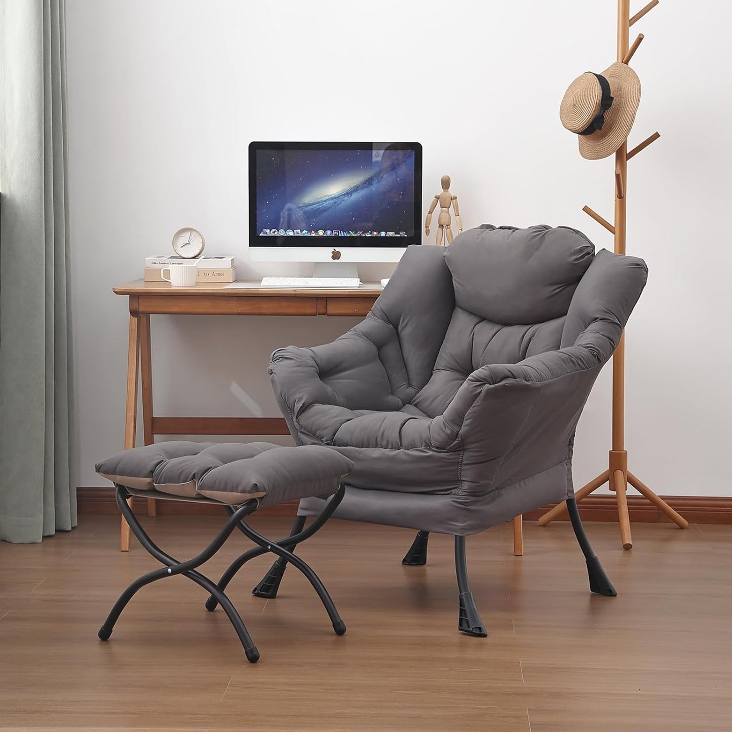 Lazy Chair and Ottoman, Large Accent Lounge Chair with Armrests and a Side Pocket, Modern Leisure Upholstered Sofa Reading Armchair with Footrest for Bedroom, Living Room, Dorm Rooms, Office