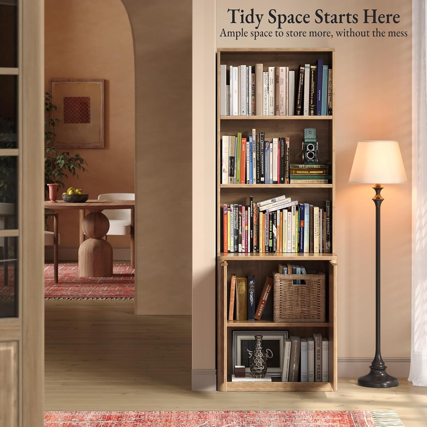 71" Oak Bookcase with Doors, 5-Tier Fluted Tall Bookshelf with Storage, Librero with Cabinet for Home Office, Living Room,or Bedroom