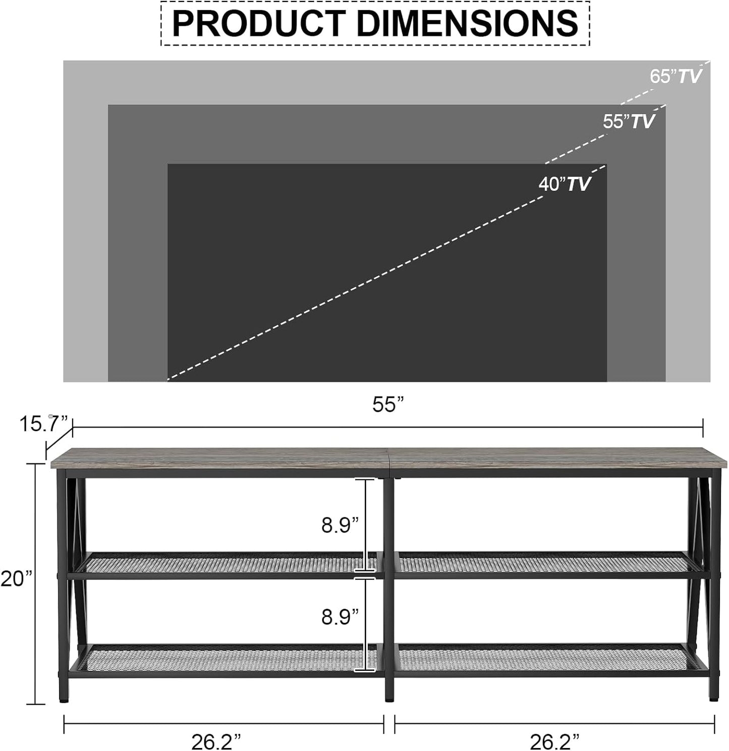 TV Stand for TVs up to 65 Inch, 55" Long Industrial TV Console Table with 3-Tier Storage Shelves, Entertainment Center for Living Room, Bedroom (Gray)