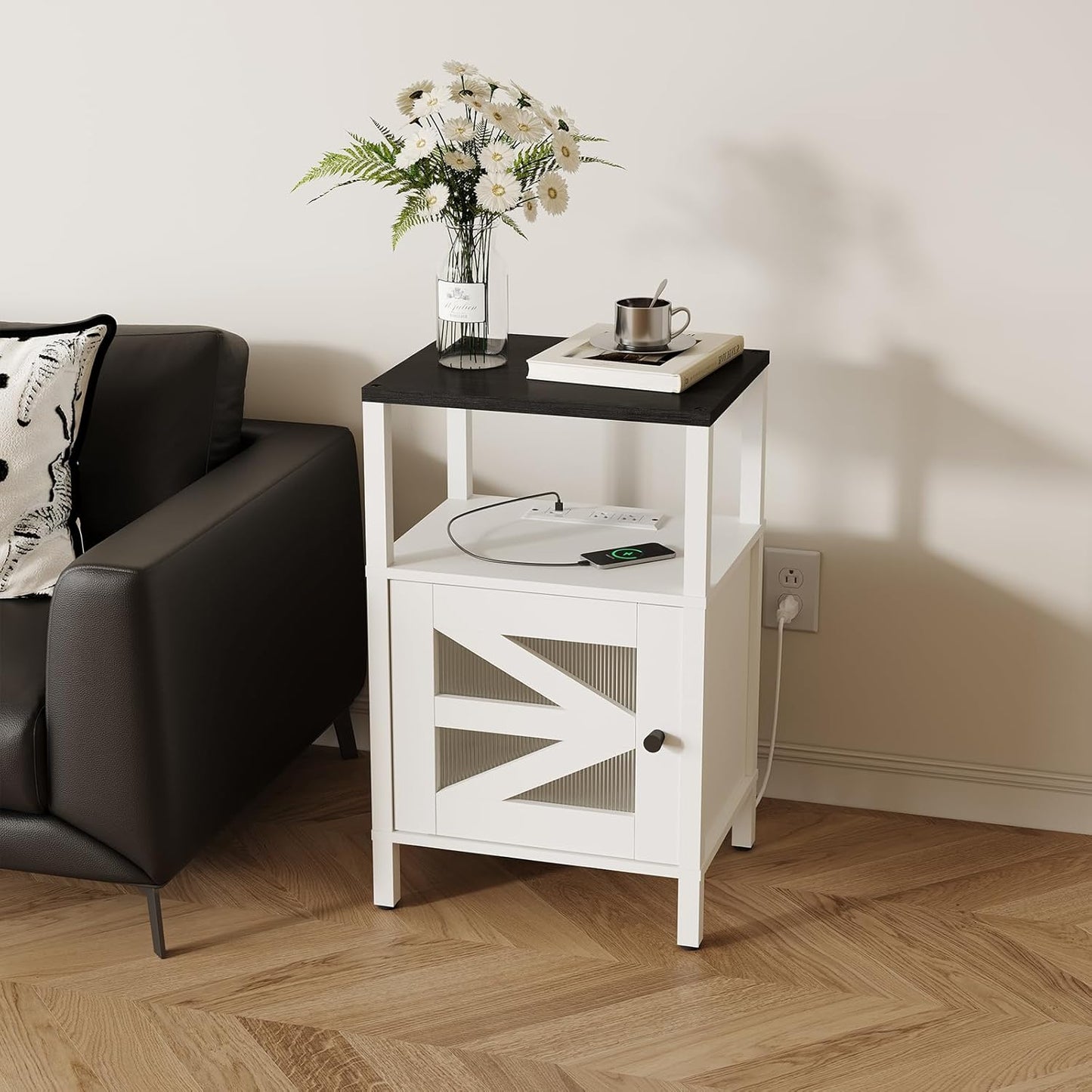 Farmhouse Nightstand with Charging Station, White Bedside Table with USB&Type-C Ports and Outlets, End Table with Storage, Side Table Night Stand for Bedroom, White and Black ETBW97E01