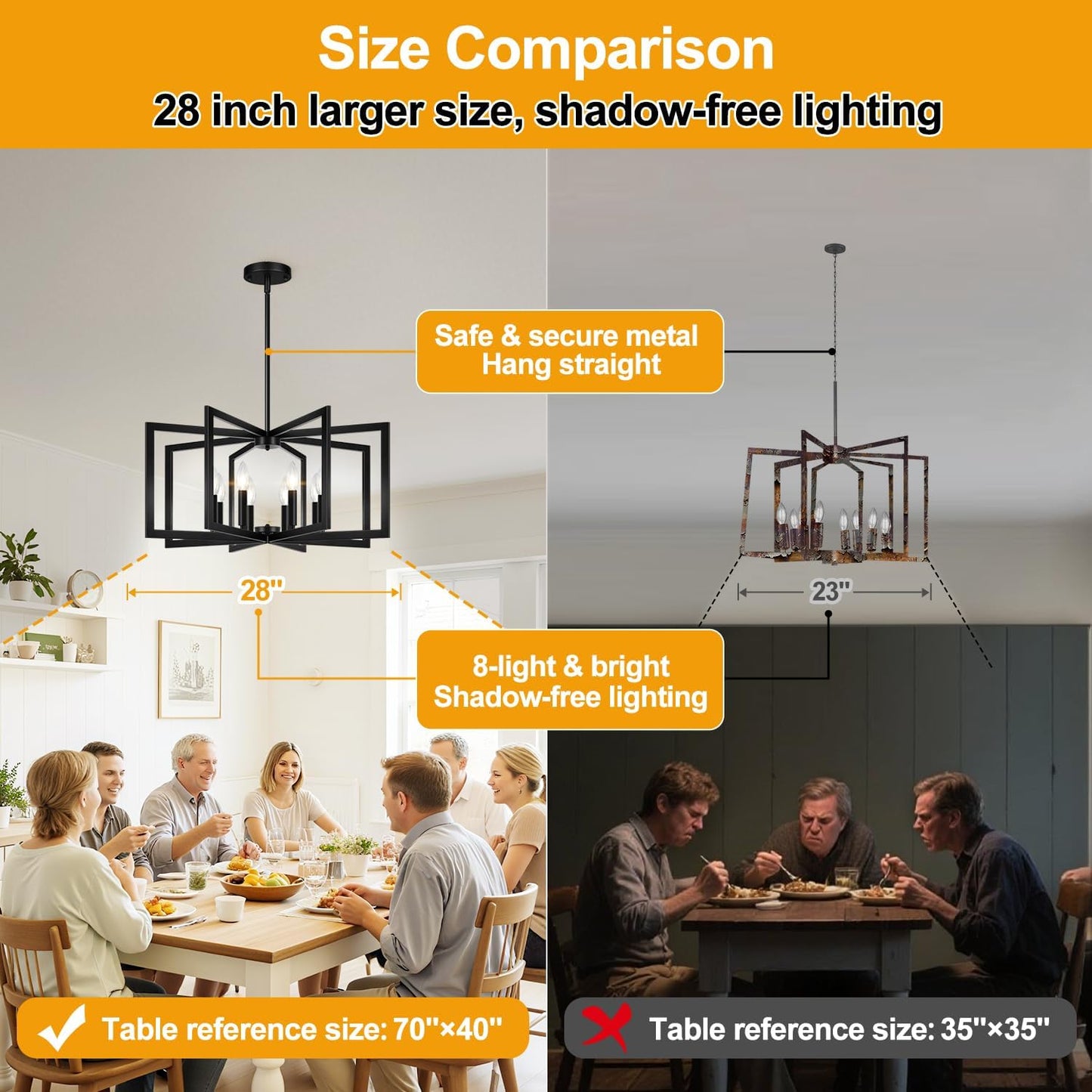 28" Modern Large Black Chandelier for Dining Room (8-Light, 28-Inch), Geometric Black Dining Room Light Fixture Over Table, Industrial Metal Hanging Pendant Lights for Kitchen Island, Entryway, Foyer