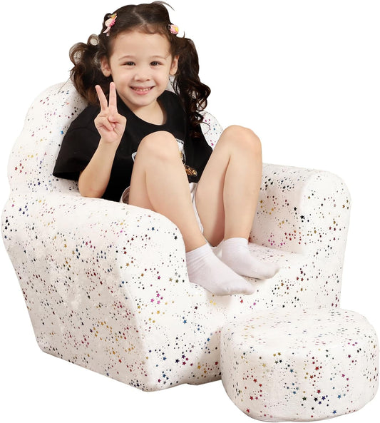 Kids Sofa with Ottoman, Shell-Like Sofa for Boys and Girls, White with Shinny