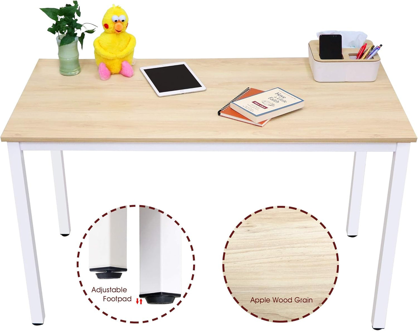 47 inch Large Computer Desk Wood, Modern Simple Style Desk for Home Office, Bedroom, Study Student Writing Desk, Small Spaces, White Metal Frame, Apple Wood Grain Top