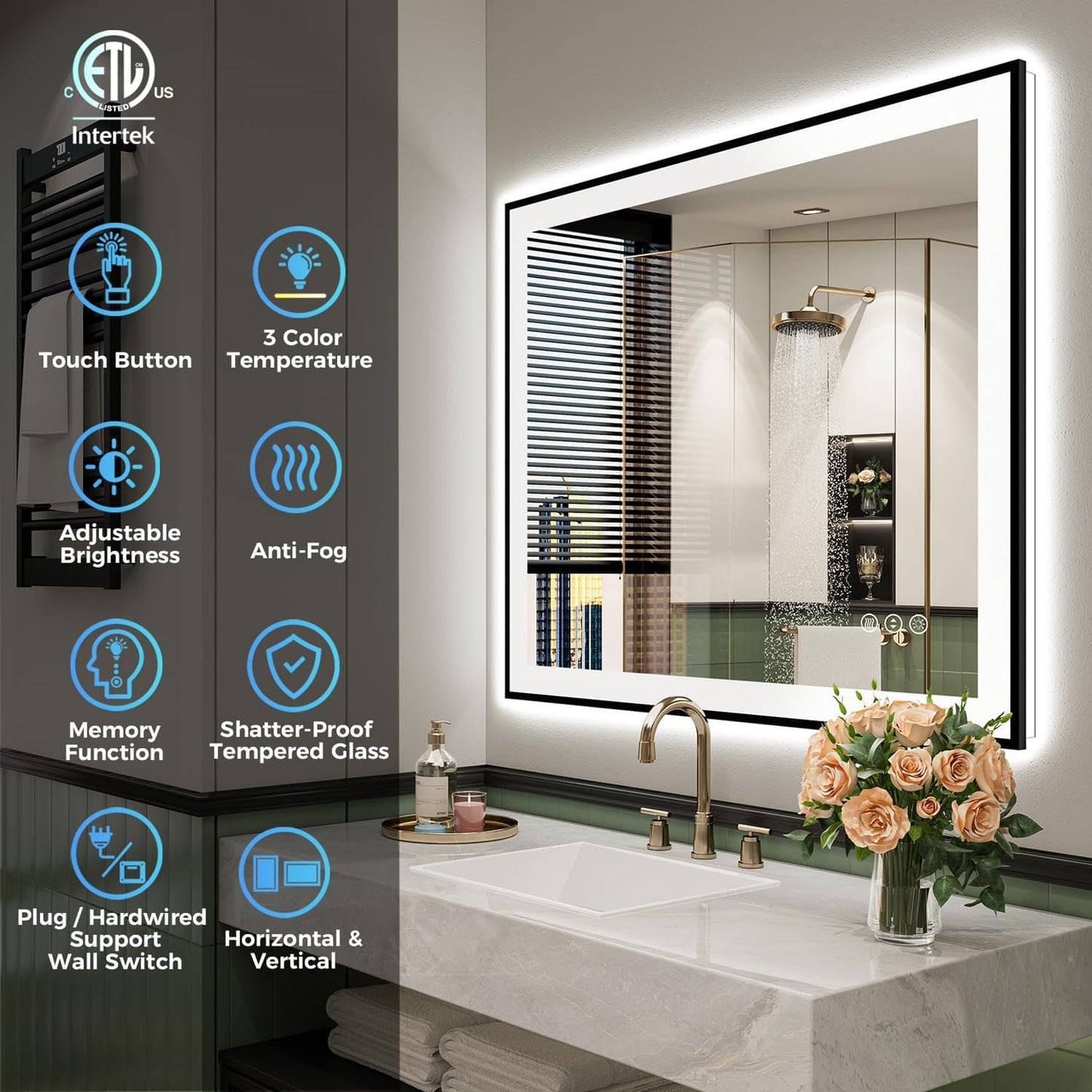 28x32 Inch LED Bathroom Mirror with Lights (Front Lit and Backlit) Black Framed Lighted Vanity Mirror for Bathroom Wall Dimmable Anti-Fog Memory Tempered Glass Horizontal/Vertical