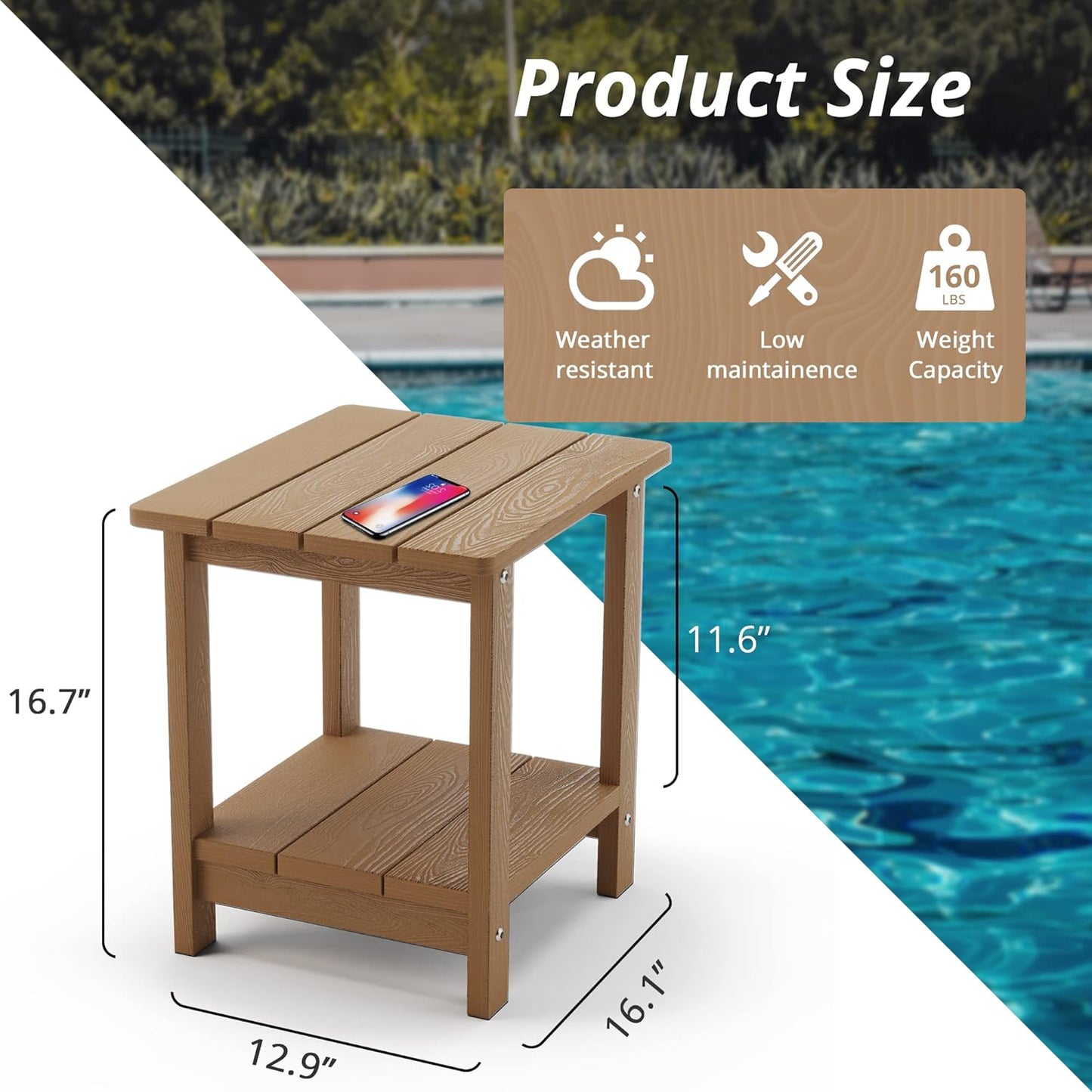 LUE BONA Adirondack Outdoor Side Table, 2-Tier Brown HDPS Patio End Table Weather Resistant, Morden Side Table for Patio, Pool, Porch