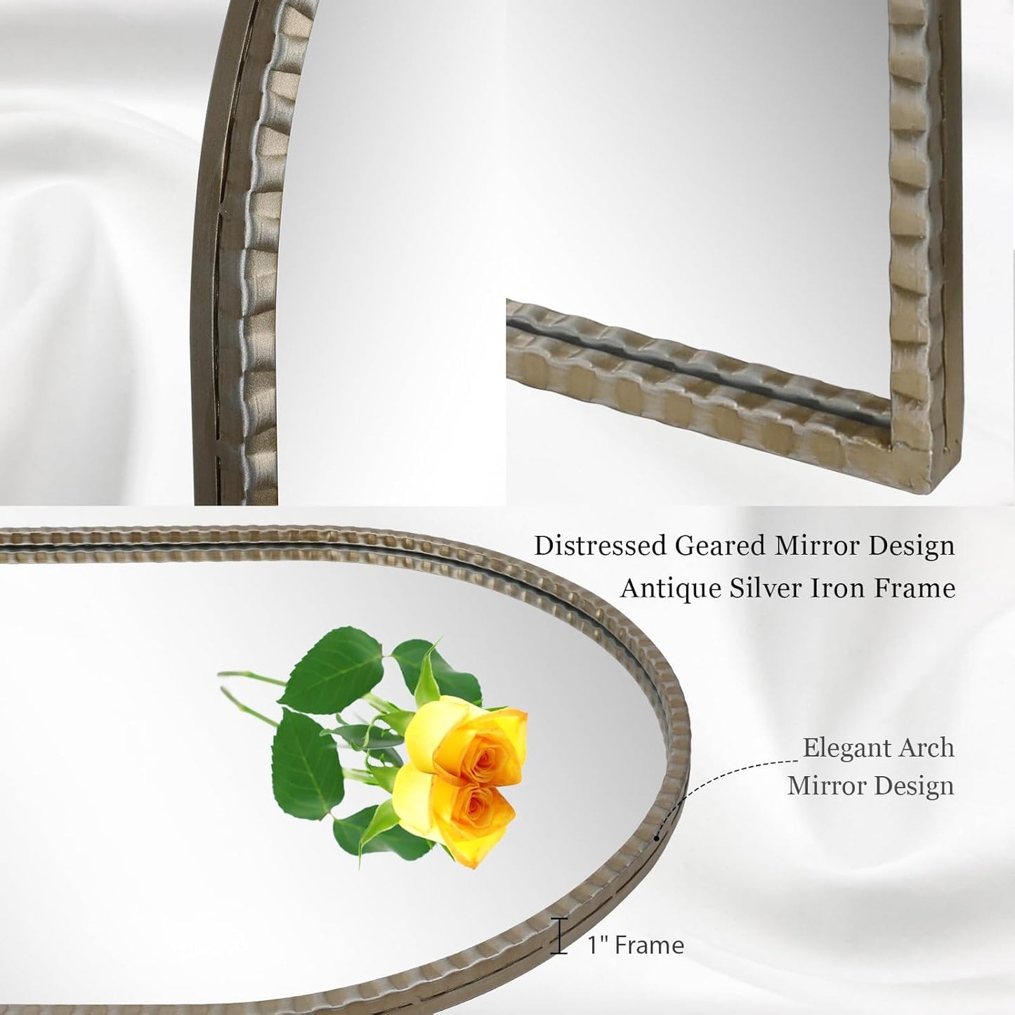 24"x36" Antique Silver Arch Mirror - Retro Distressed Geared Metal Frame Farmhouse Wall Mirror for Bathroom, Living Room, Entryway Hall