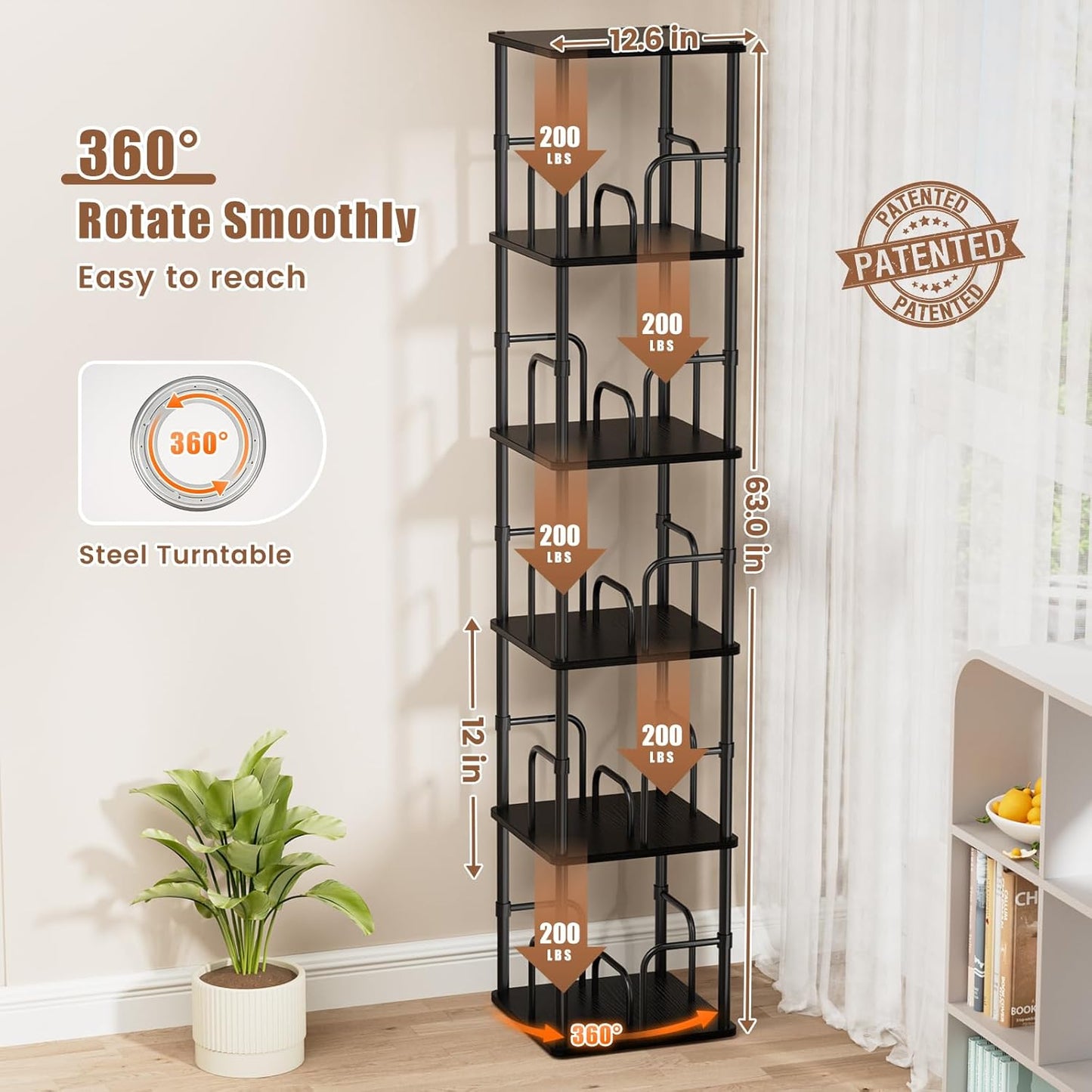 5 Tier Square Rotating Bookshelf, 360 ° Display Stackable Spinning Bookshelf Tower, Space Saving Tall Floor Standing Swivel Bookcase Corner Storage Organizer for Living Room, Black, Small Size