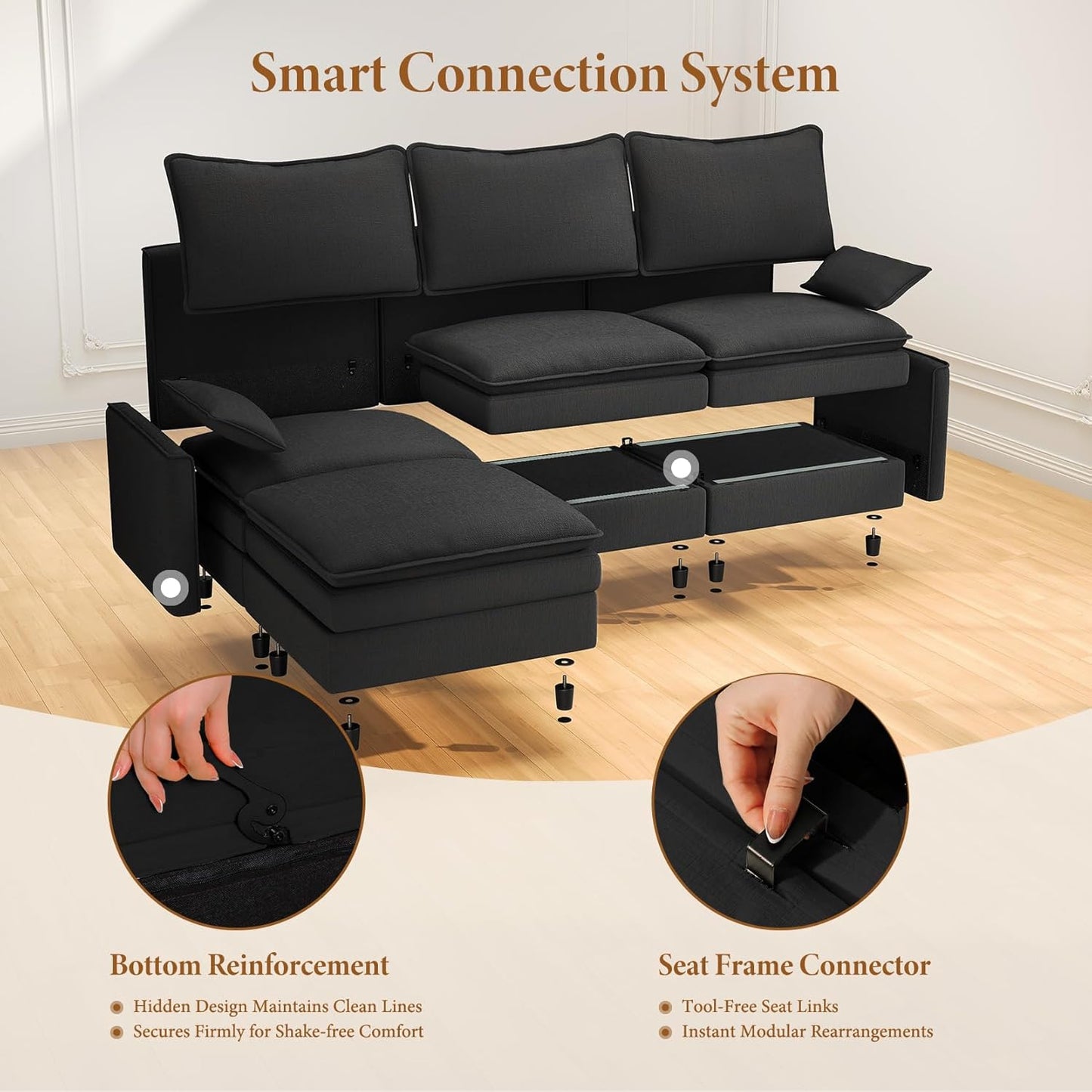 Vesgantti 108" Modular Sectional Sofa, Comfy Cloud Couch with Movable Ottoman Deep Seat Chenille L Shaped Modular Sofa, Sectional Couches for Living Room, Bedroom and Apartment, Black