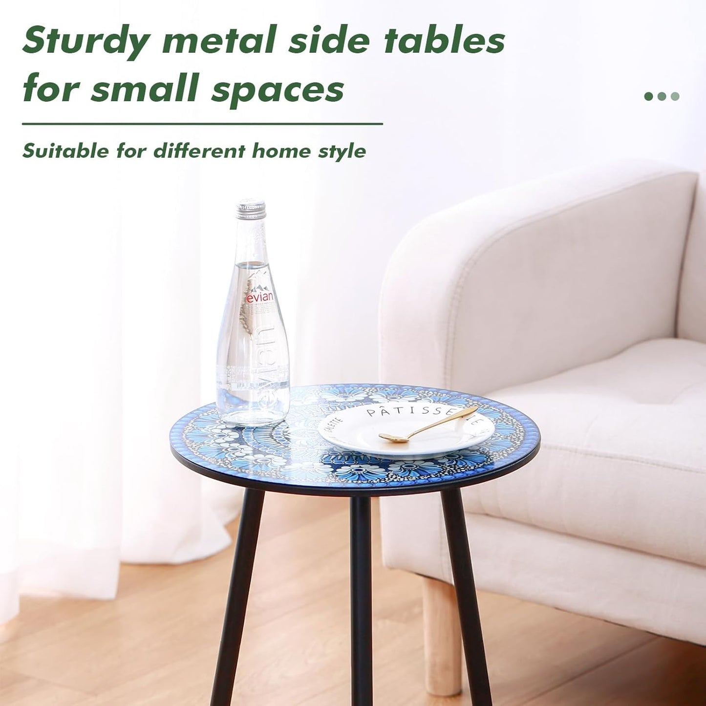 2 Packs Metal Mosaic Round Side Table 13.4" Small Outdoor Patio Round Accent Coffee Tables Indoor Corner Stand for Small Spaces Weather-Resistant for Balcony Plant Stand