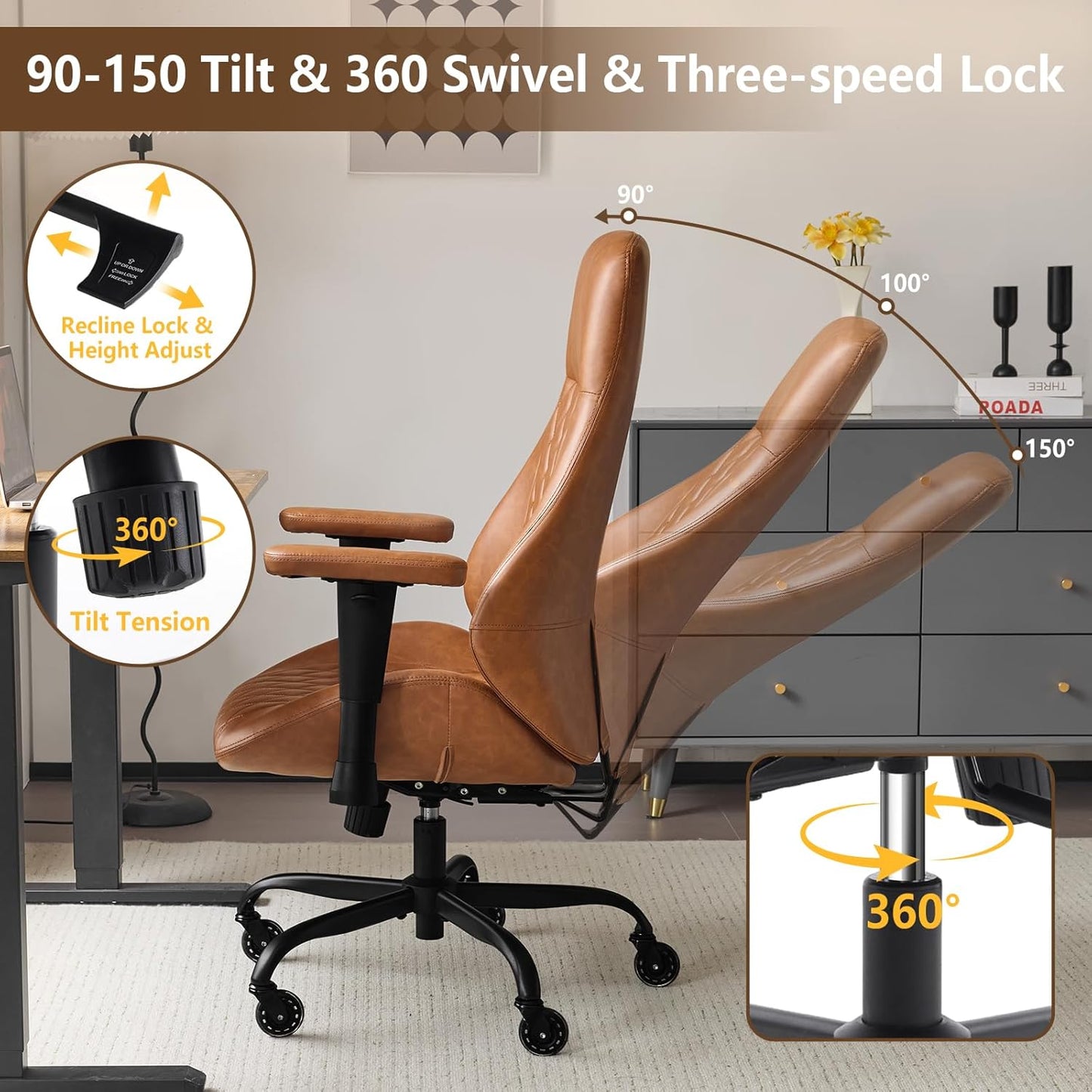 YFO Home Office Desk Chair High Back Office Rubber Casters Ergonomic Computer Chair with Lumbar Support Adjustable Height Rolling Swivel Chair Executive Task Armrests， Brown Leather